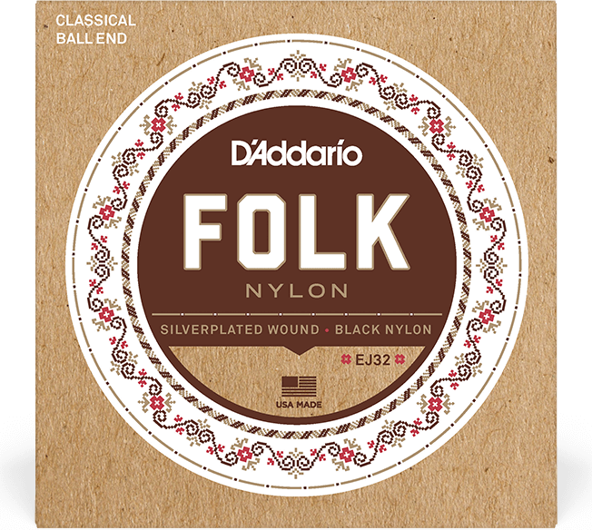 D'addario Jeu De 6 Cordes Ej32 Folk Nylon (6) Silver Plated Wrap, Nylon Core, Black Nylon Trebles Ball End - Nylon guitar strings - Main picture