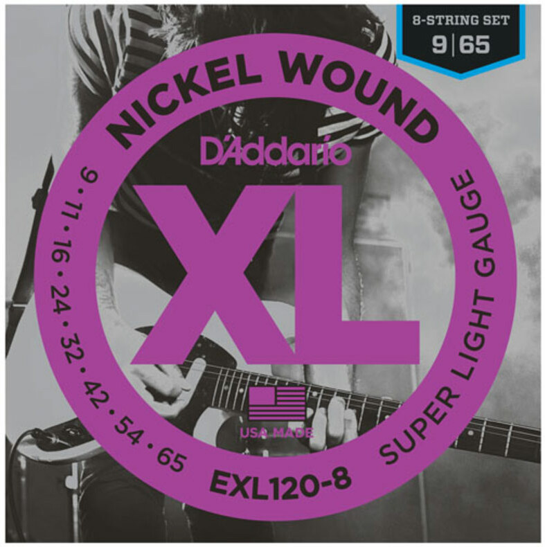 D'addario Jeu De 8 Cordes Exl120-8 Nickel Round Wound 8-string Super Light 9-65 - Electric guitar strings - Main picture