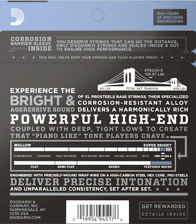 D'addario Eps170-5 Prosteels Round Wound Electric Bass Long Scale 5c 45-130 - Electric bass strings - Variation 1