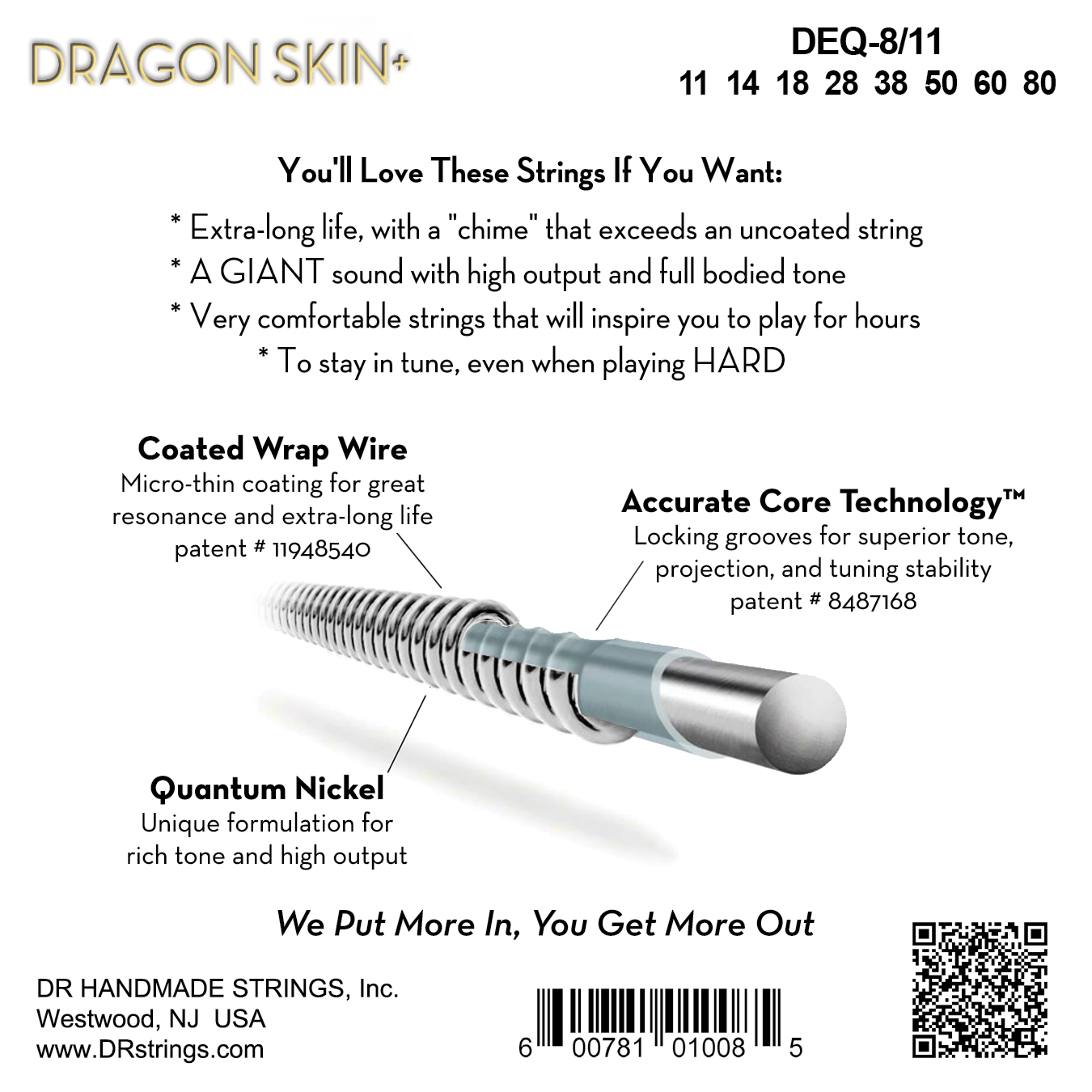 Dr Jeu De 8 Cordes Dragon Skin+ Core Technology Coated Wrap 10-75 - Electric guitar strings - Variation 1