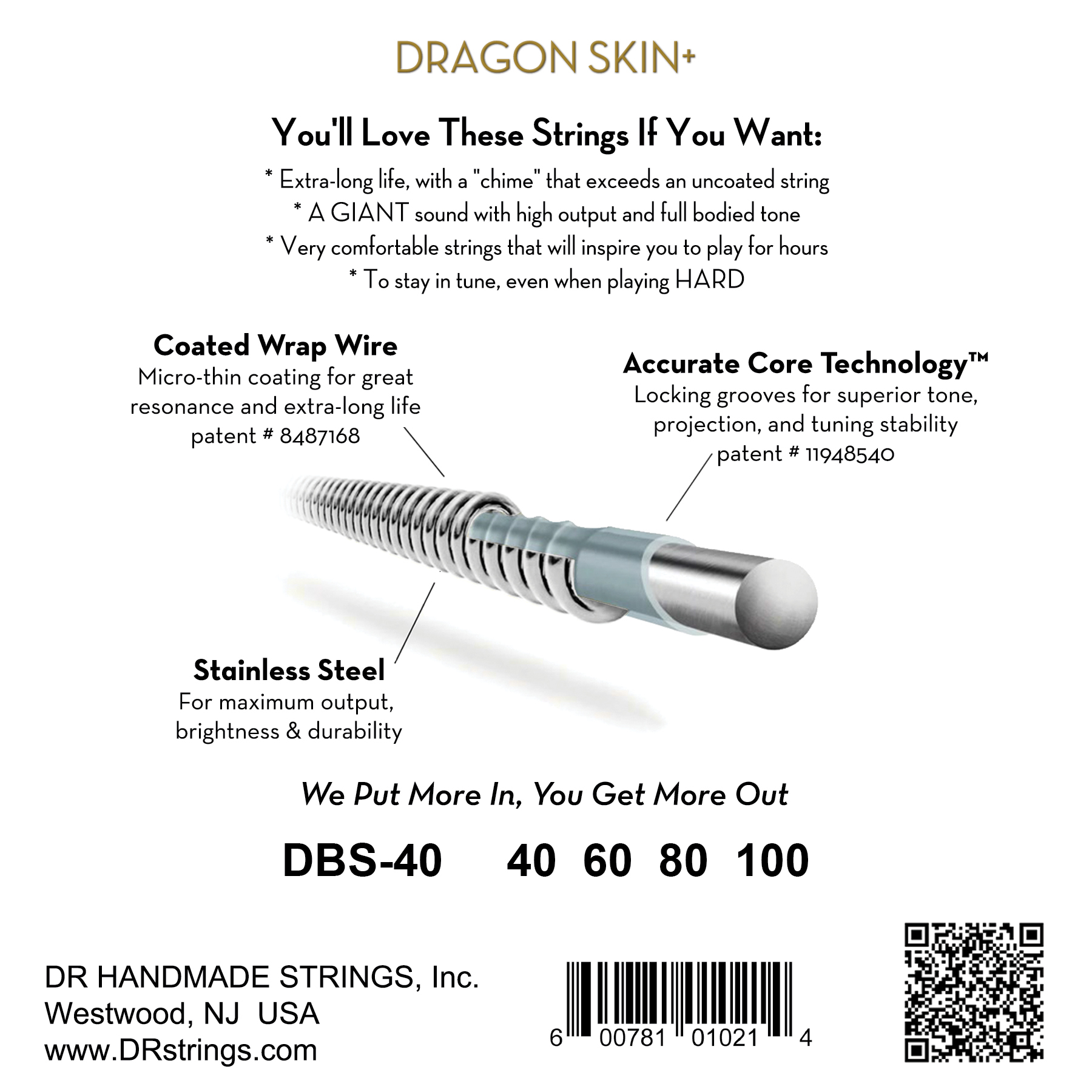 Dr Jeu De 4 Cordes Dragon Skin+ Core Technology Coated Wrap 40-100 - Electric bass strings - Variation 1