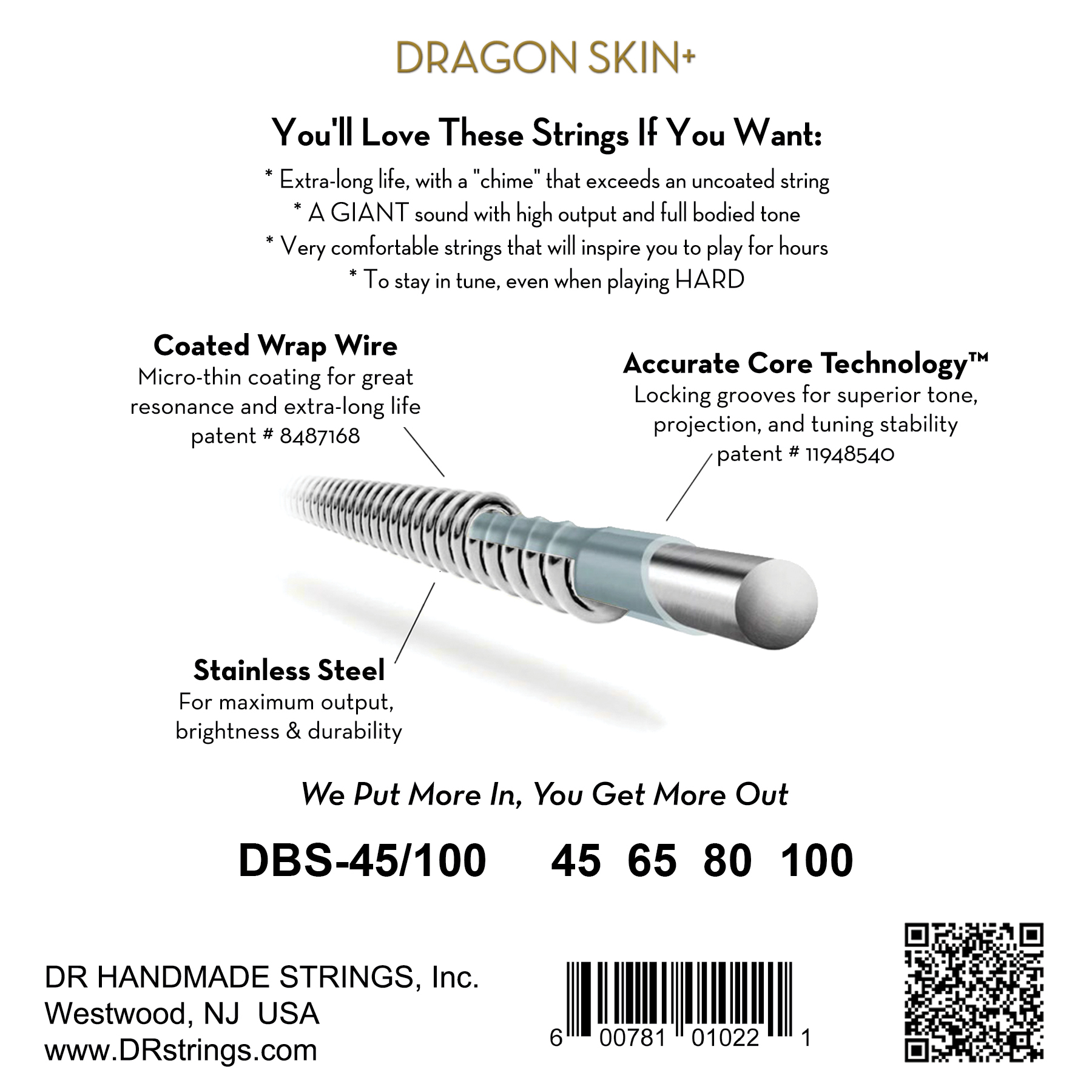 Dr Jeu De 4 Cordes Dragon Skin+ Core Technology Coated Wrap 45-100 - Electric bass strings - Variation 1
