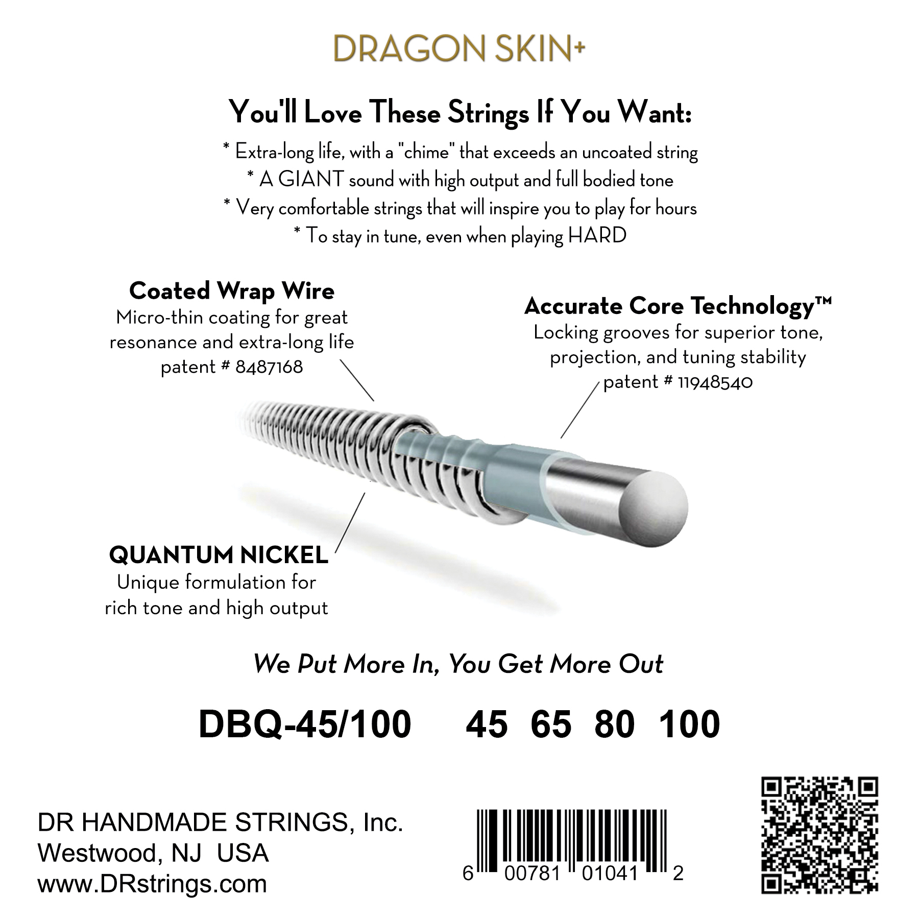 Dr Jeu De 4 Cordes Dragon Skin+ Core Technology Coated Wrap 45-100 - Electric bass strings - Variation 1