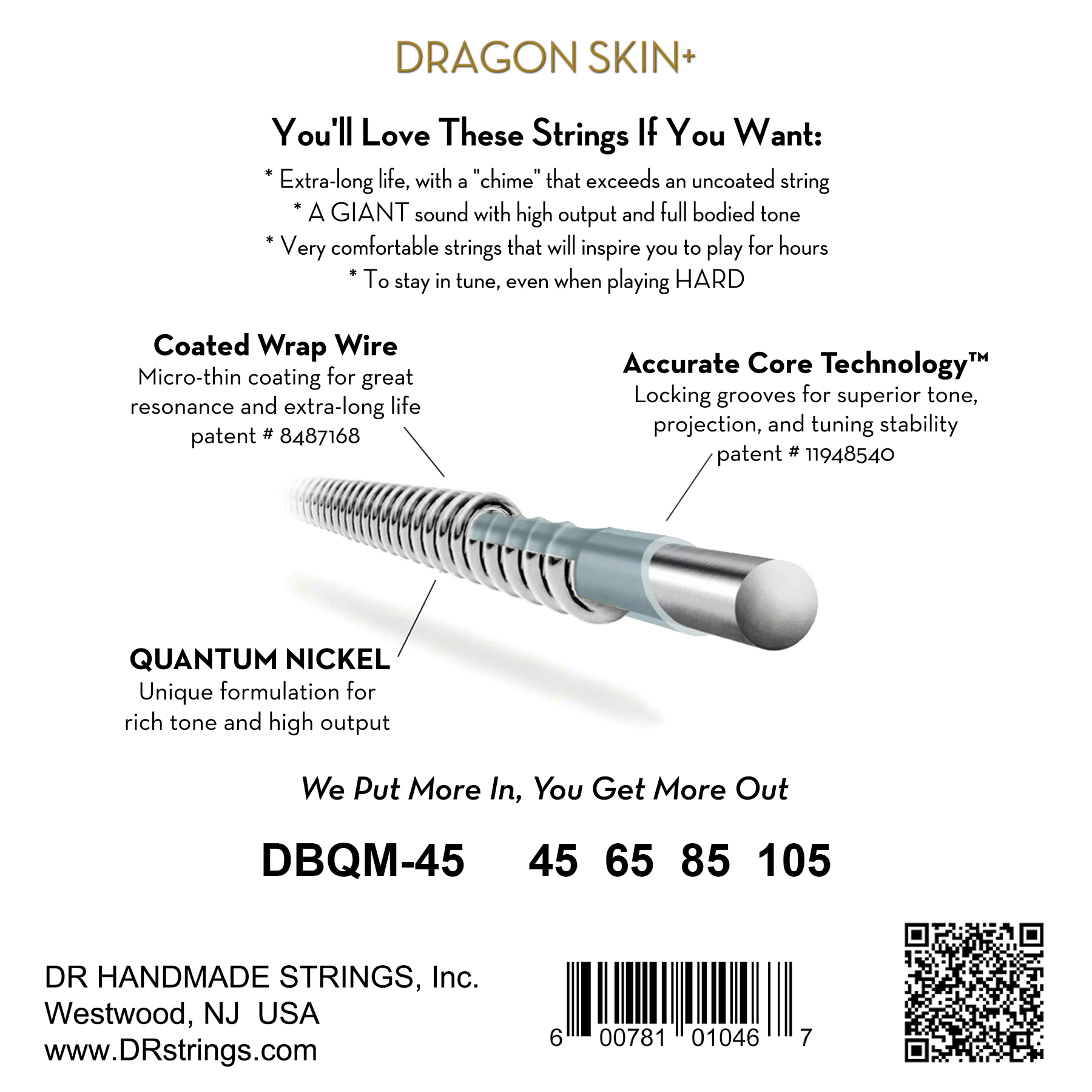 Dr Jeu De 4 Cordes Dragon Skin+ Core Technology Coated Wrap 45-105 Tapered Multi-scale - Electric bass strings - Variation 1