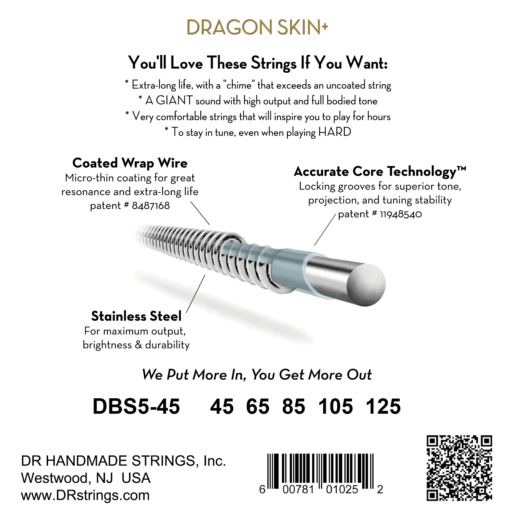 Dr Jeu De 5 Cordes Dragon Skin+ Core Technology Coated Wrap 45-125 - Electric bass strings - Variation 1