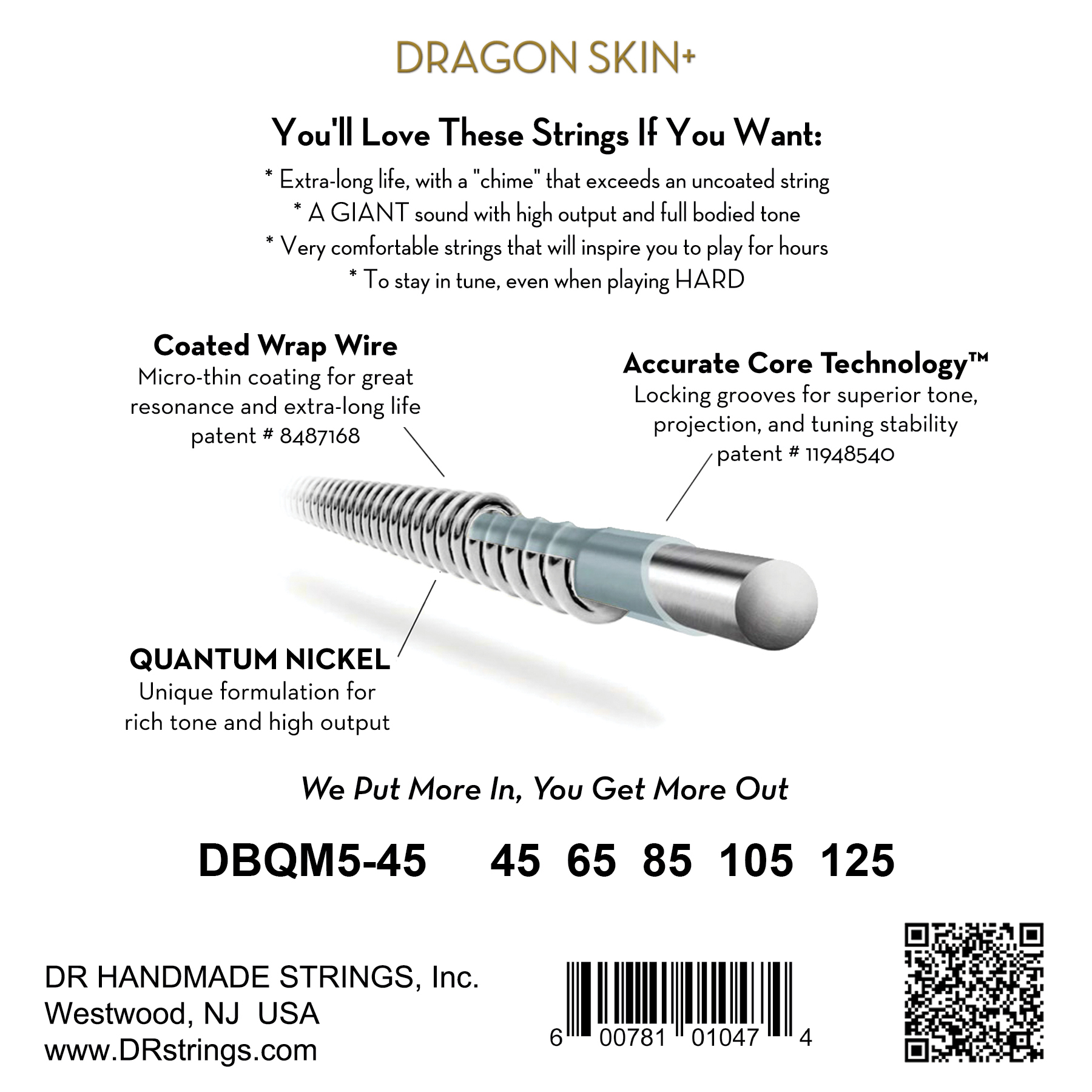 Dr Jeu De 5 Cordes Dragon Skin+ Core Technology Coated Wrap 45-125 Tapered Multi-scale - Electric bass strings - Variation 1