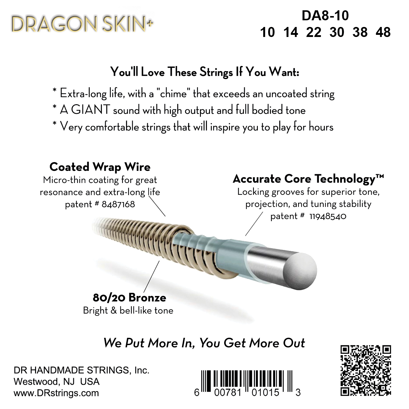 Dr Jeu De 6 Cordes Dragon Skin+ Core Technology Coated Wrap 80/20 10-48 - Acoustic guitar strings - Variation 1