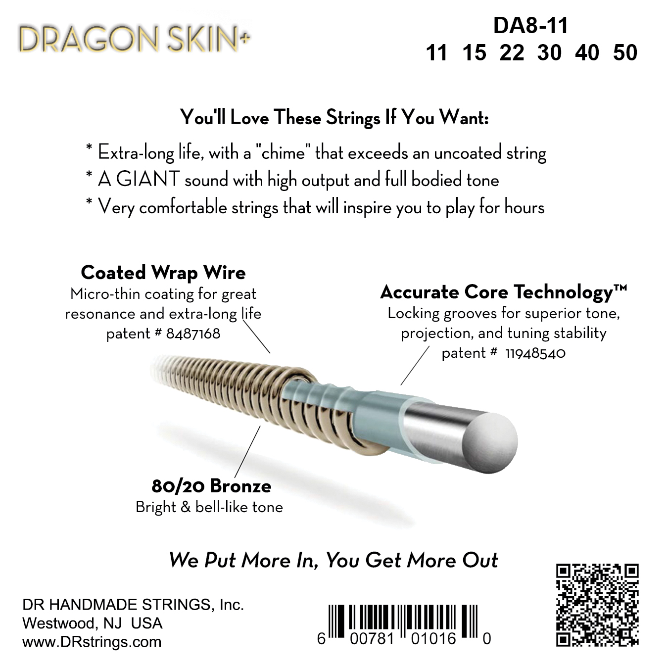 Dr Jeu De 6 Cordes Dragon Skin+ Core Technology Coated Wrap 80/20 11-50 - Acoustic guitar strings - Variation 1