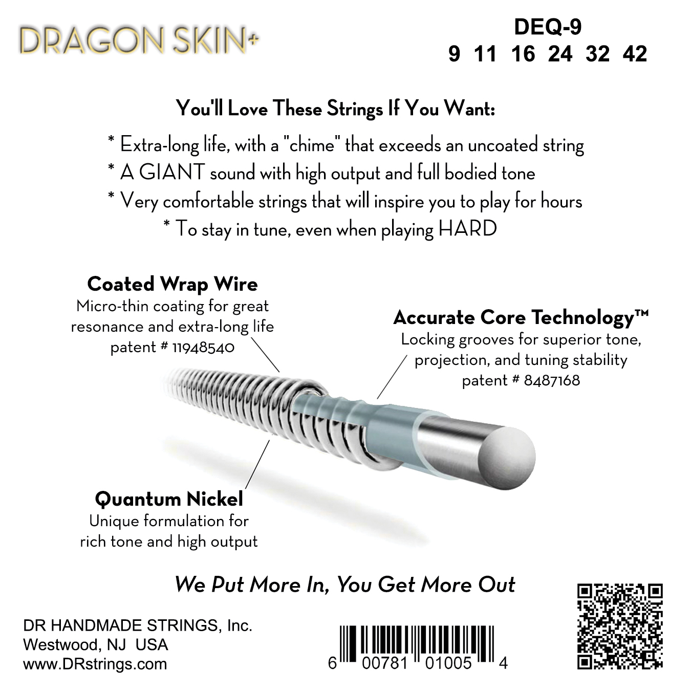 Dr Jeu De 6 Cordes Dragon Skin+ Core Technology Coated Wrap 9-42 - Electric guitar strings - Variation 1