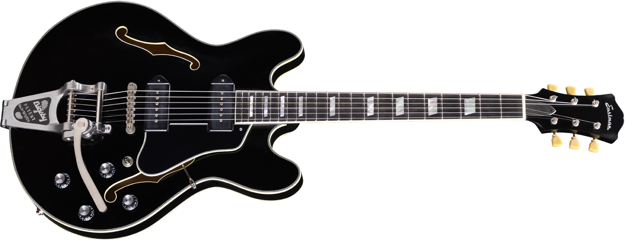 Eastman T64/tv Thinline 2s P90 Lollar Bigsby Eb - Truetone Vintage Gloss Black - Semi-hollow electric guitar - Main picture