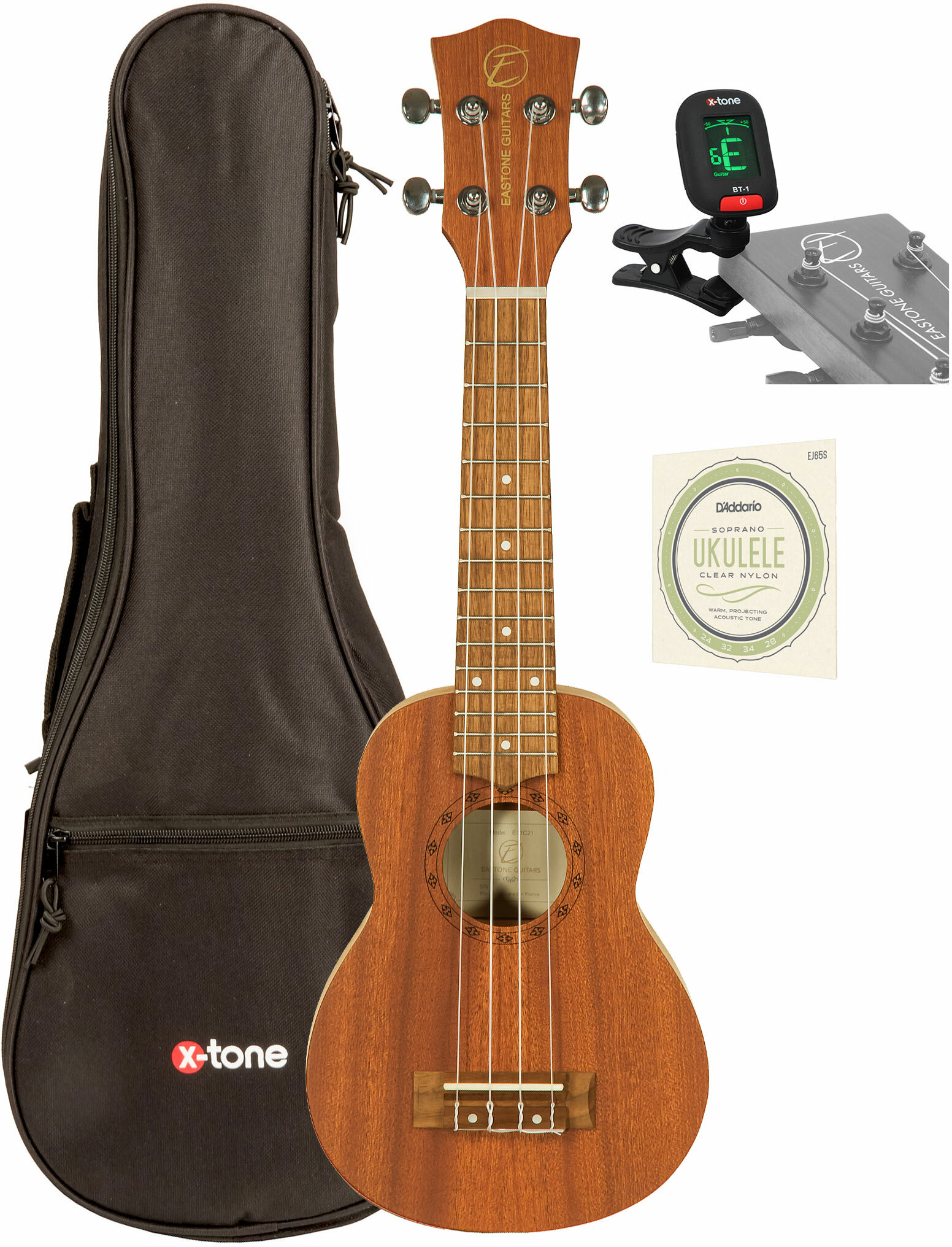 Eastone E11c21 Soprano Tout Sapele Son +x-tone 3110 Tuner / 2020 Bag / D'addario Ej65s - Ukulele pack - Main picture