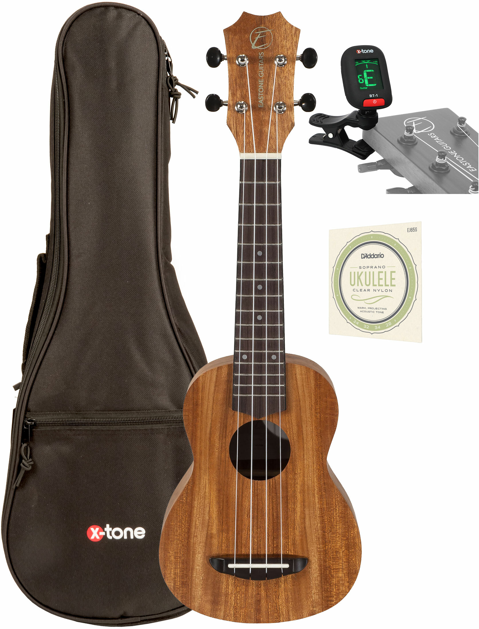 Eastone E1c21-nat Soprano Tout Acacia +x-tone 3110 Tuner / 2020 Bag / D'addario Ej65s - Ukulele pack - Main picture