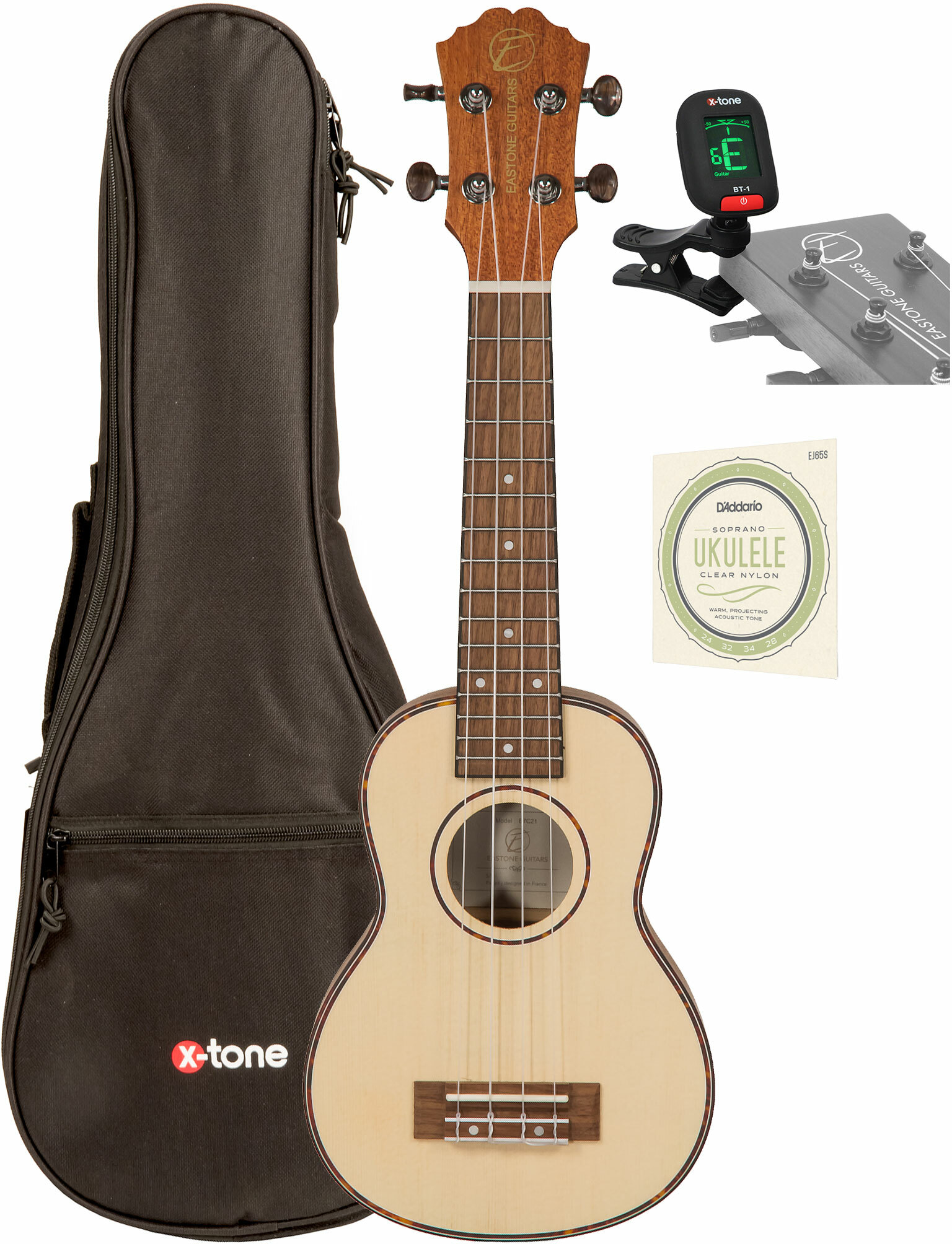 Eastone E7c21 Soprano Epicea Acajou Noy +x-tone 3110 Tuner / 2020 Bag / D'addario Ej65s - Ukulele pack - Main picture