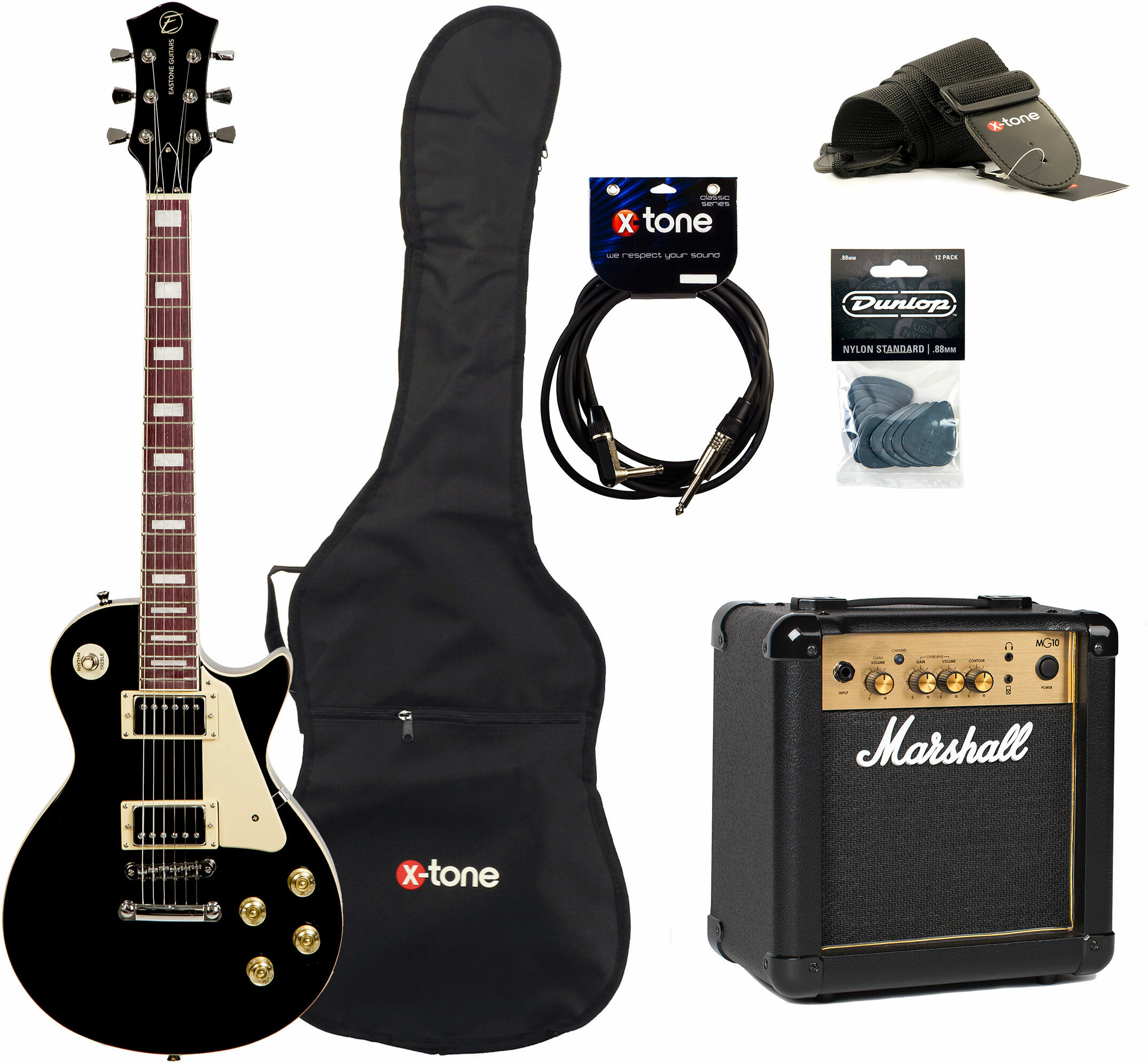 LP100 BLK +MARSHALL MG10 10W +CABLE +MEDIATORS +HOUSSE - black Electric  guitar set Eastone
