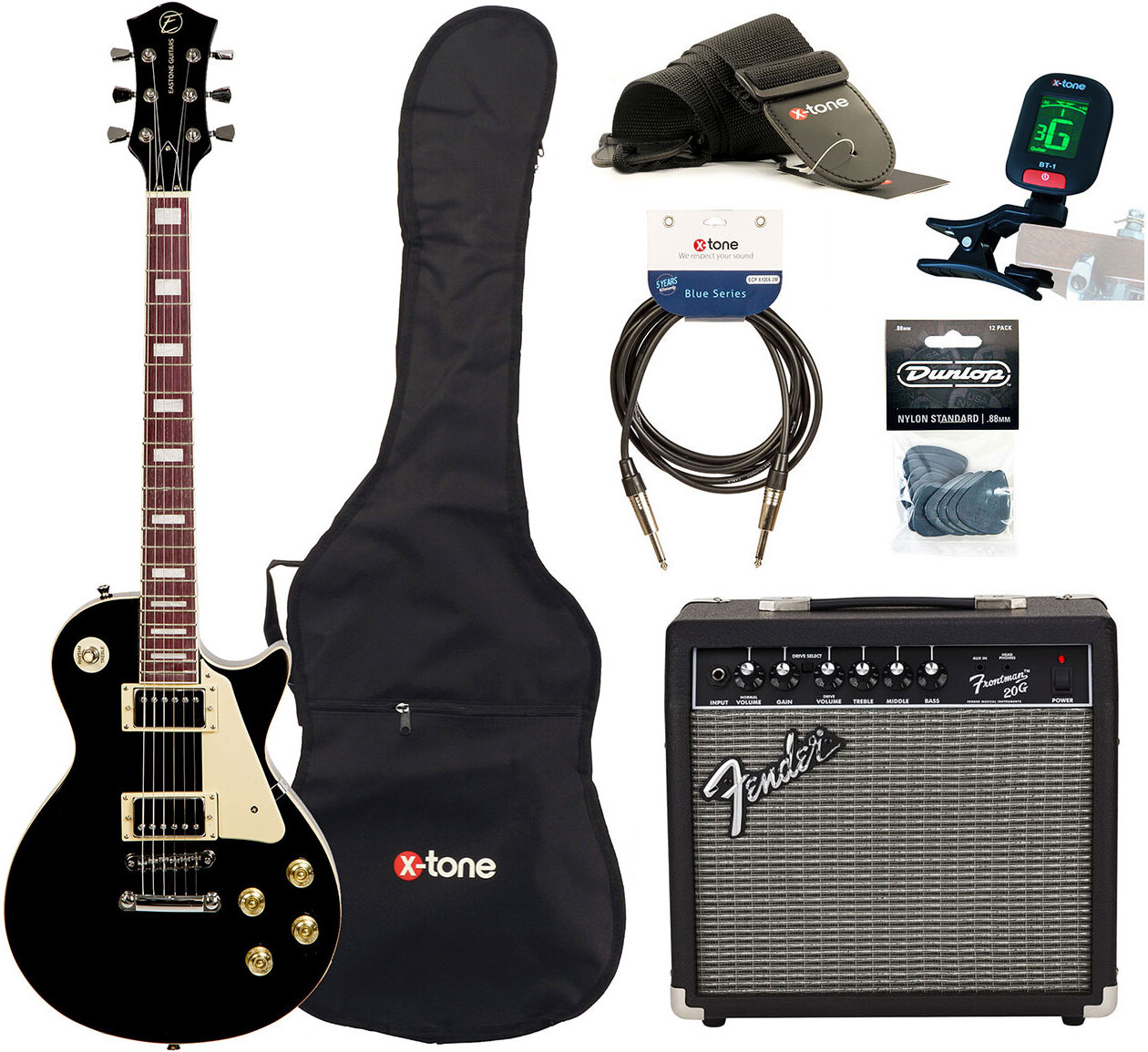 Eastone Lp100 +fender Frontman 20g +cable +clip-on Tuner +mediators +housse +courroie - Black - Electric guitar set - Main picture
