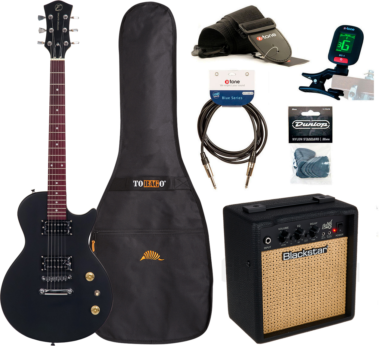 Eastone Lpl70 +blackstar Debut10 +cable +clip-on Tuner +mediators +housse +courroie - Black Satin - Electric guitar set - Main picture