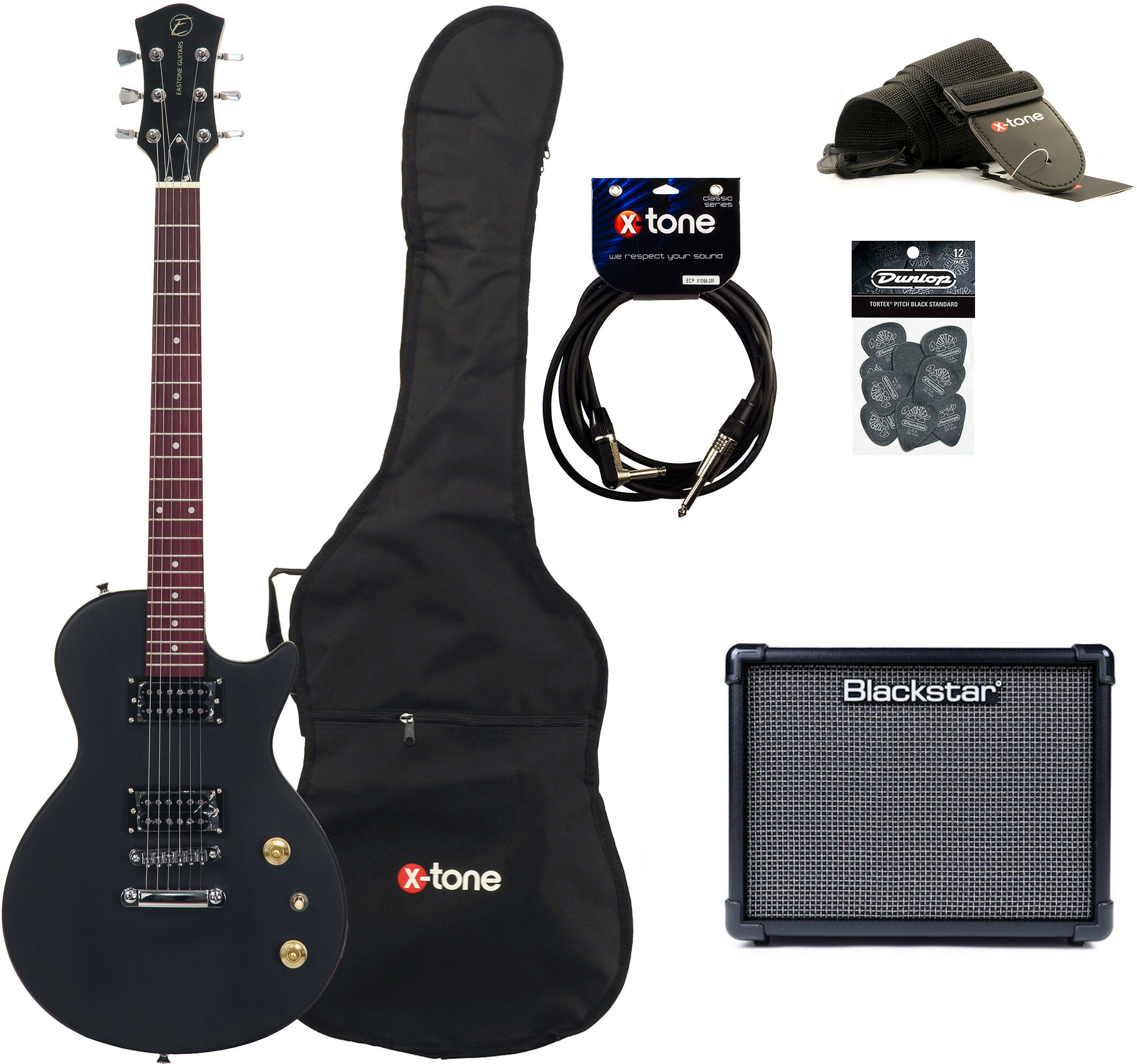 Eastone Lpl70 +blackstar Id Core Stereo V3 10 +cable +housse +courroie +mediators - Black Satin - Electric guitar set - Main picture