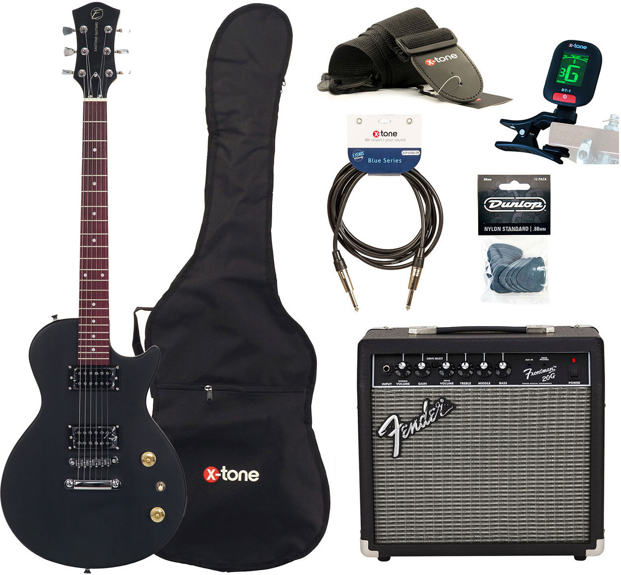 Eastone Lpl70 +fender Frontman 20g +cable +clip-on Tuner +mediators +housse +courroie - Black Satin - Electric guitar set - Main picture