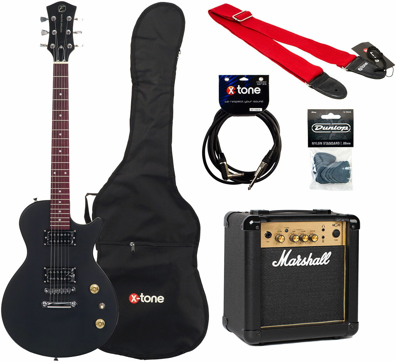 Eastone Lpl70 +marshall Mg10g +cable +housse +courroie +mediators - Black Satin - Electric guitar set - Main picture
