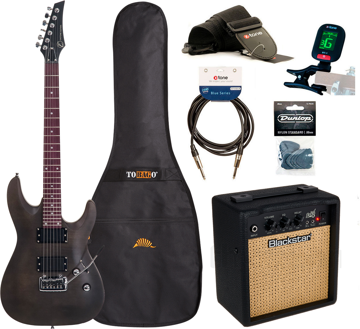 Eastone Metdc +blackstar Debut 10 +cable +clip-on Tuner +mediators +housse +courroie - Black Satin - Electric guitar set - Main picture