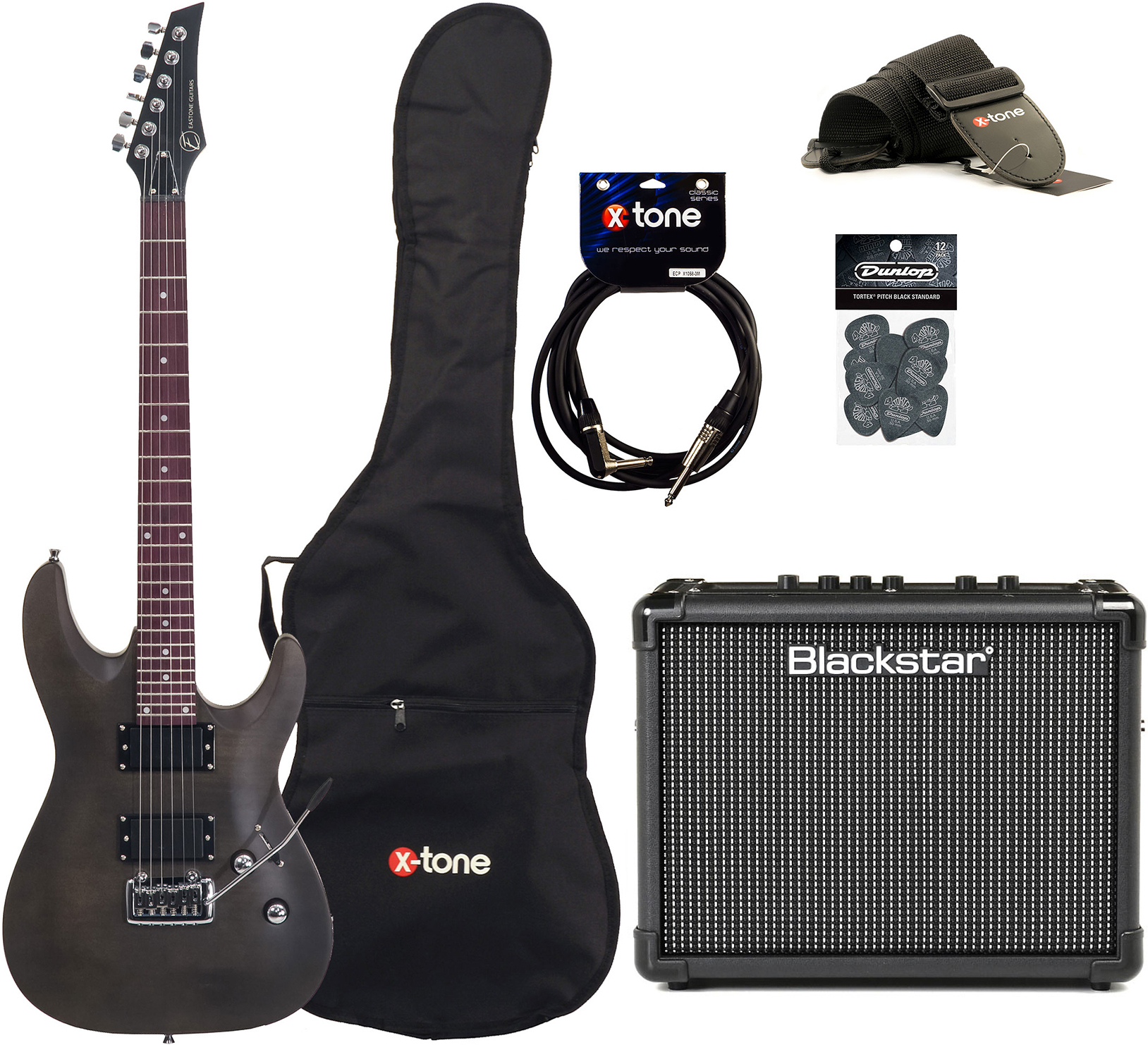 Eastone Metdc +blackstar Id Core Stereo 10 V3 +cable +housse +courroie +mediators - Black Satin - Electric guitar set - Main picture