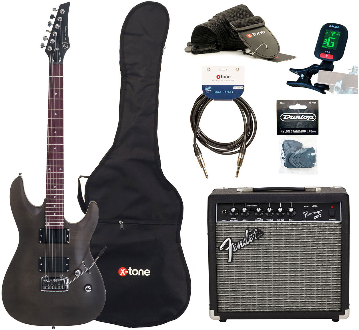 Eastone Metdc +fender Frontman 20g +cable +clip-on Tuner +mediators +housse +courroie - Black Satin - Electric guitar set - Main picture