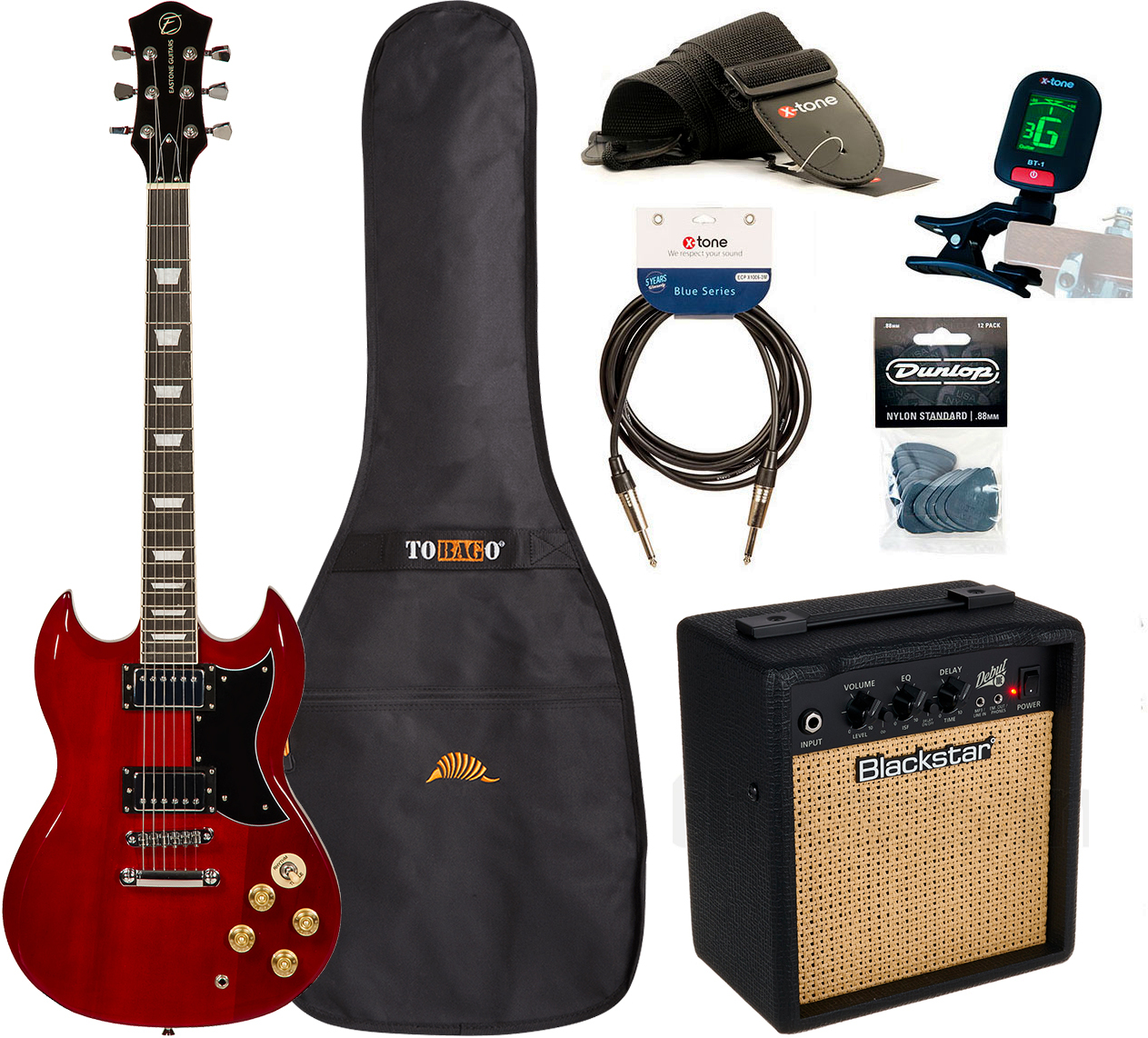 Eastone Sdc70 +blackstar Debut 10 +cable +clip-on Tuner +mediators +housse +courroie - Red - Electric guitar set - Main picture