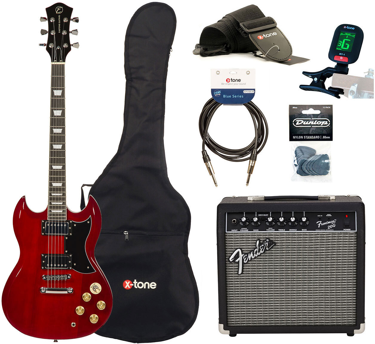 Eastone Sdc70 +fender Frontman 20g +cable +clip-on Tuner +mediators +housse +courroie - Red - Electric guitar set - Main picture