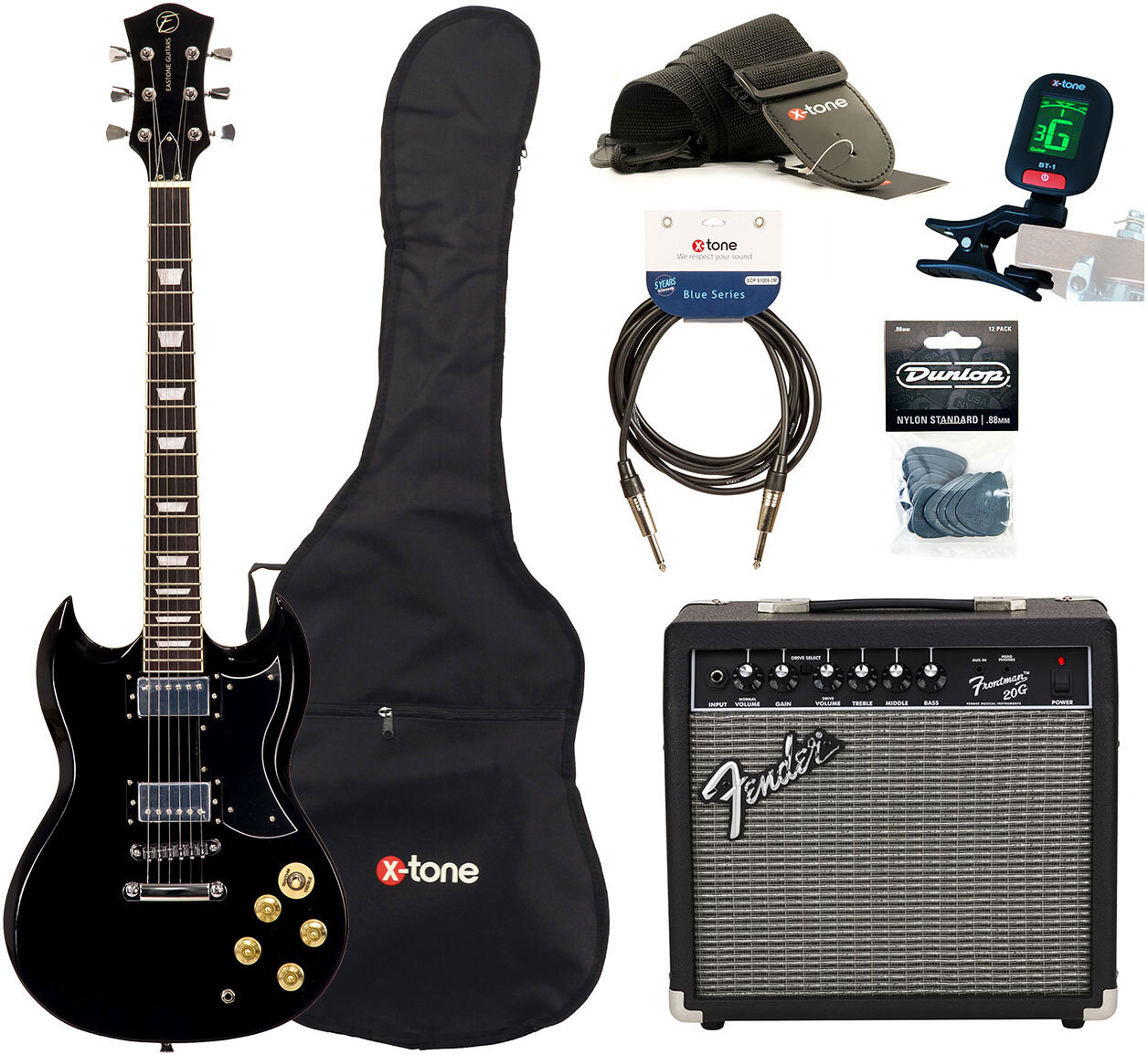 Eastone Sdc70 +fender Frontman 20g +cable +clip-on Tuner +mediators +housse +courroie - Black - Electric guitar set - Main picture