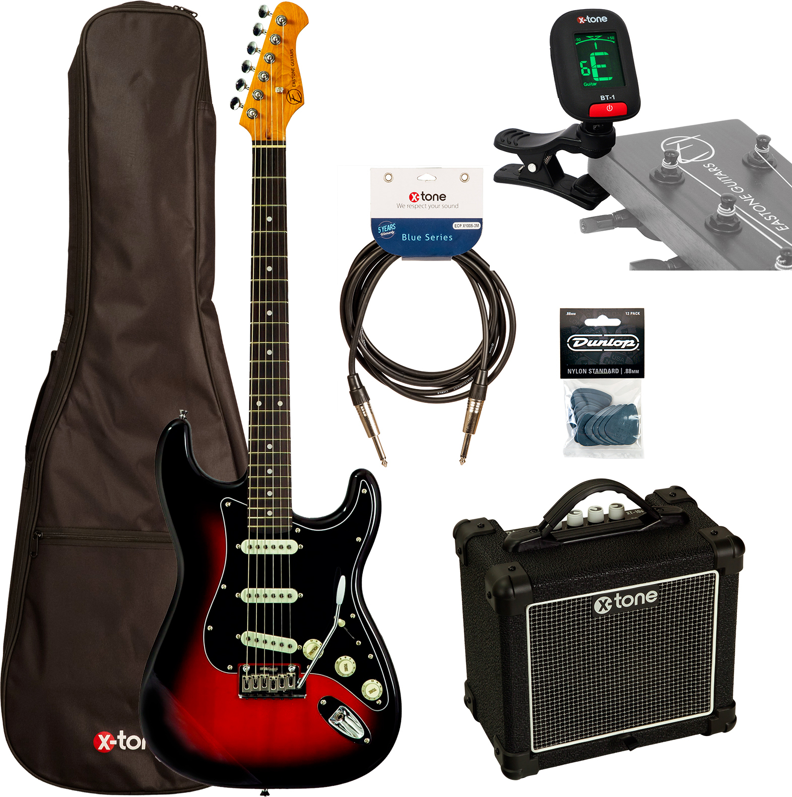 Eastone St100r-s3t-rw + X-tone Xt10s Combo +cable +mediators +clip-on Tuner +housse - 3-tone Burst - Electric guitar set - Main picture