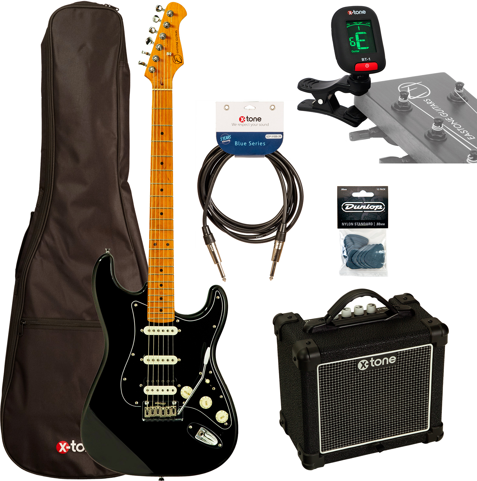 Eastone St150r-blk-rw + X-tone Xt10s Combo +cable +mediators +clip-on Tuner +housse - Black - Electric guitar set - Main picture