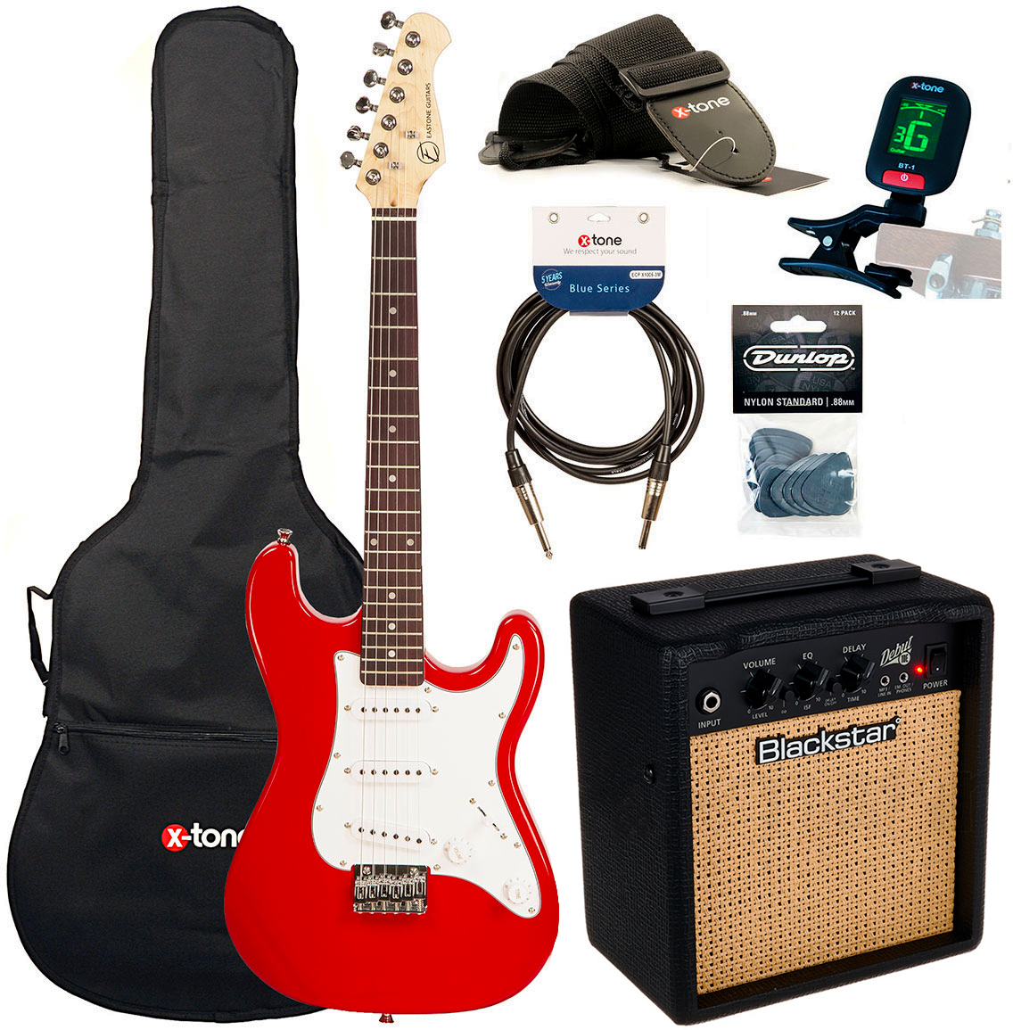 Eastone Str Mini +blackstar Debut 10 +cable +clip-on Tuner +mediators +housse +courroie - Red - Electric guitar set - Main picture