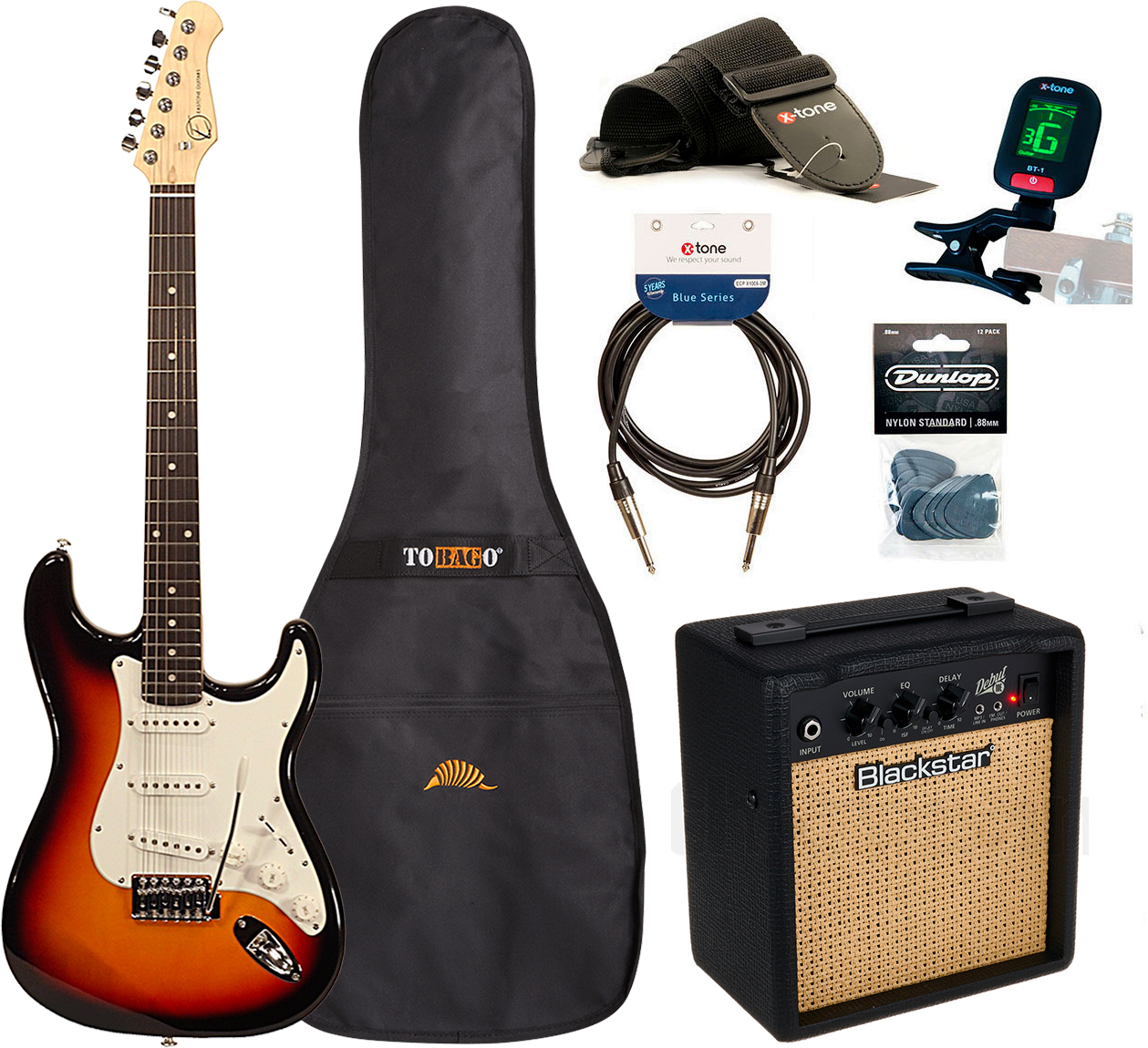 Eastone Str70 +blackstar Debut 10 +cable +clip-on Tuner +mediators +housse +courroie - 3 Tone Sunburst - Electric guitar set - Main picture