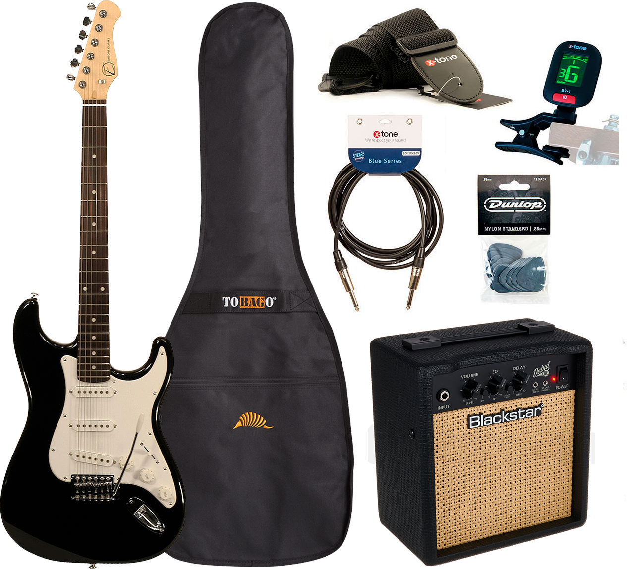 Eastone Str70 +blackstar Debut 10 +cable +clip-on Tuner +mediators +housse +courroie - Black - Electric guitar set - Main picture