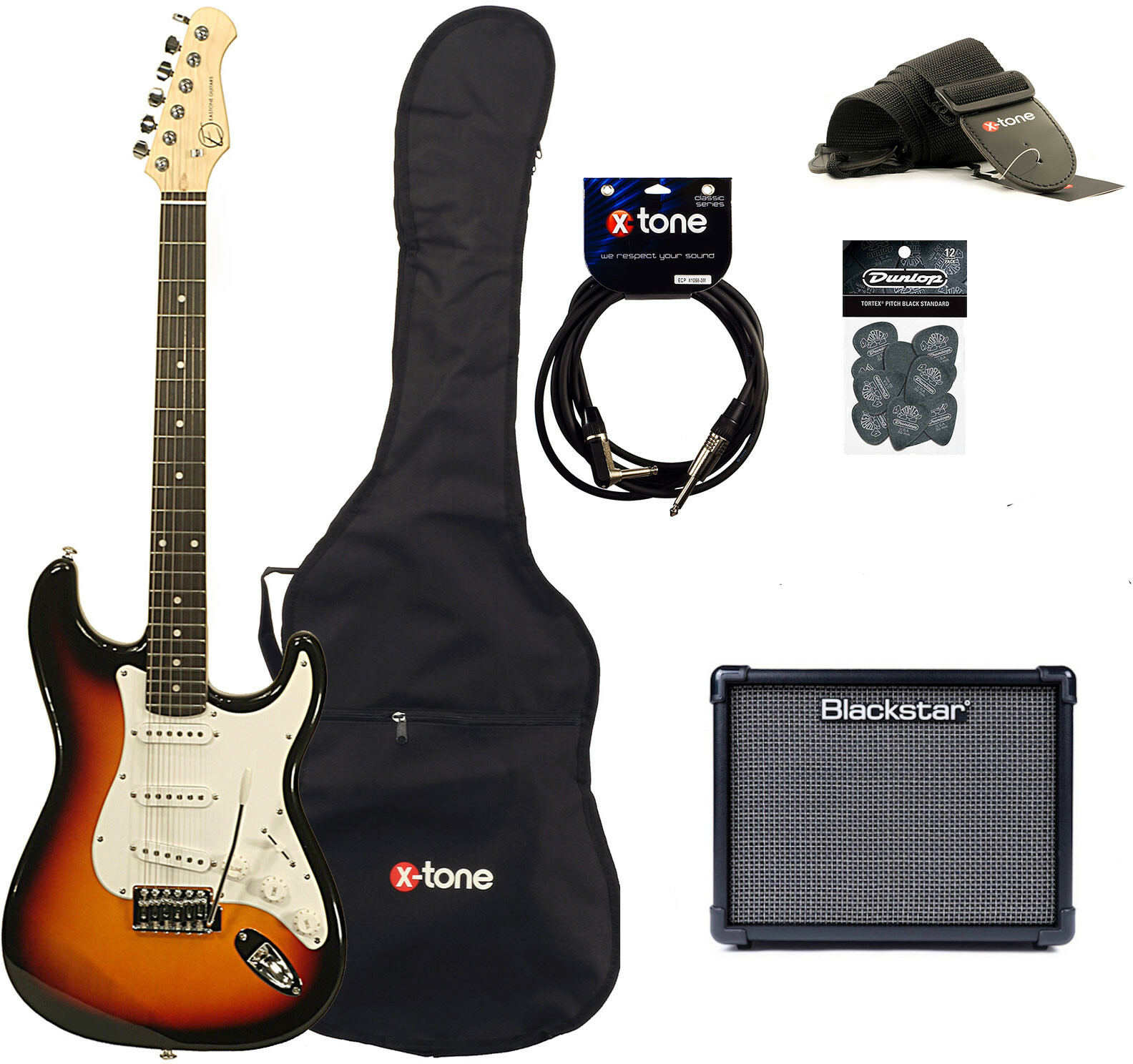 Eastone Str70 +blackstar Id Core V3 10w +cable +housse +courroie +mediators - 3-color Sunburst - Electric guitar set - Main picture