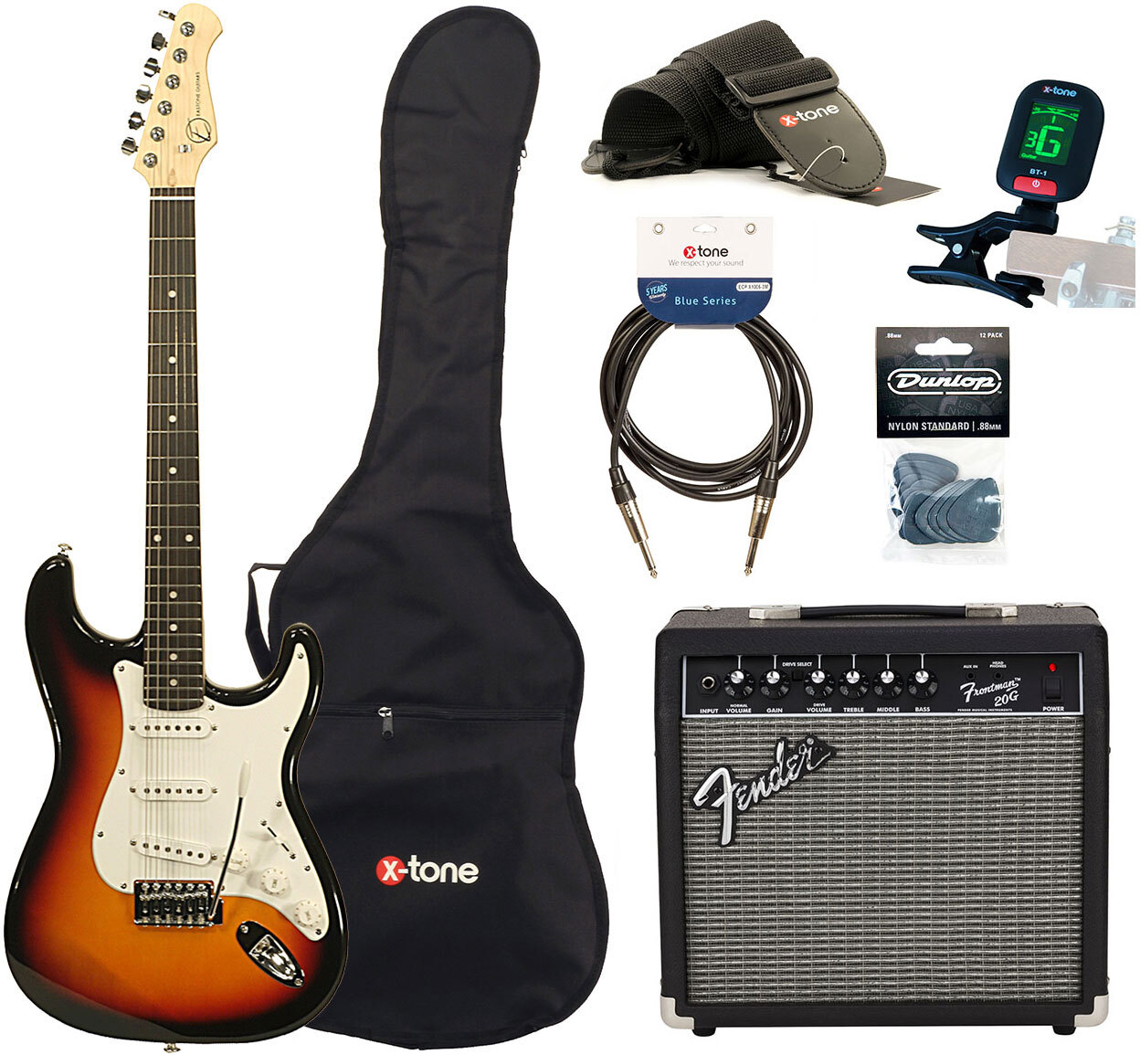 Eastone Str70 +fender Frontman 20g +cable +clip-on Tuner +mediators +housse +courroie - 3 Tone Sunburst - Electric guitar set - Main picture