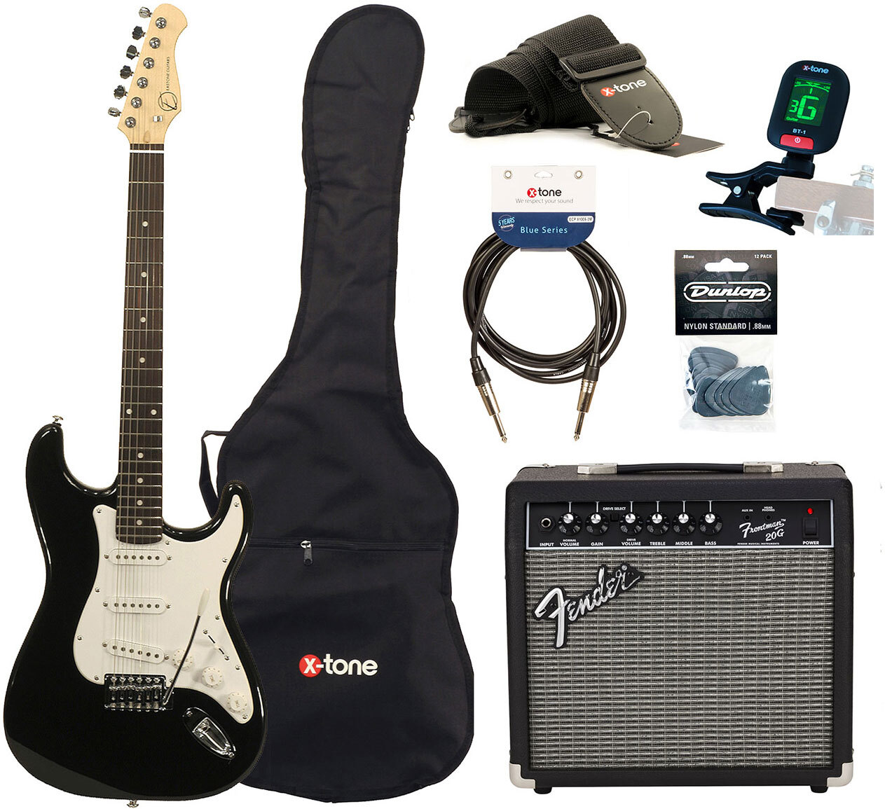 Eastone Str70 +fender Frontman 20g +cable +clip-on Tuner +mediators +housse +courroie - Black - Electric guitar set - Main picture