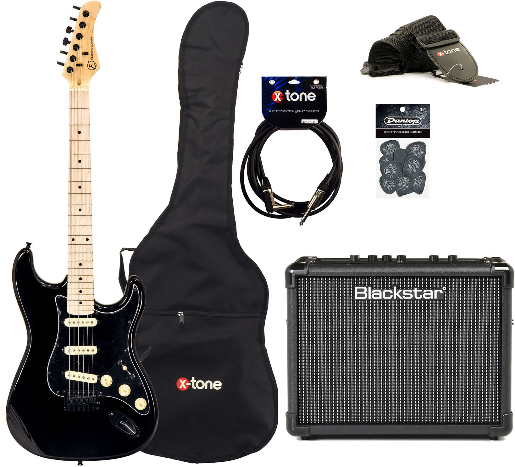 Eastone Str70 Gil +blackstar Id Core Stereo 10w V3 +cable +housse +courroie +mediators - Black - Electric guitar set - Main picture