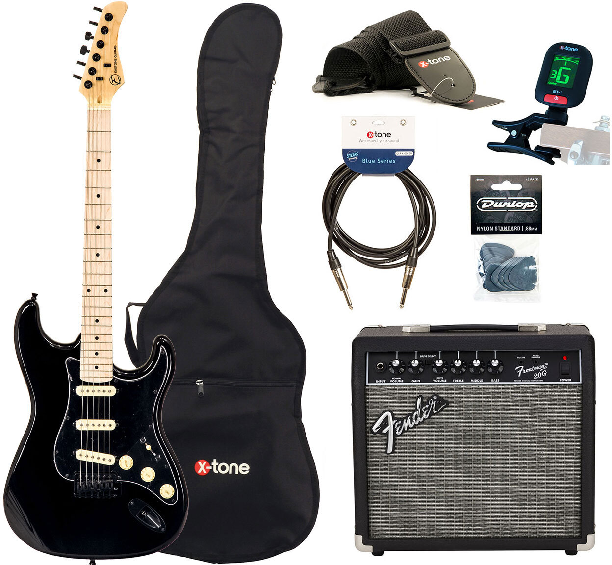 Eastone Str70 Gil +fender Frontman 20g +cable +clip-on Tuner +mediators +housse +courroie - Black - Electric guitar set - Main picture