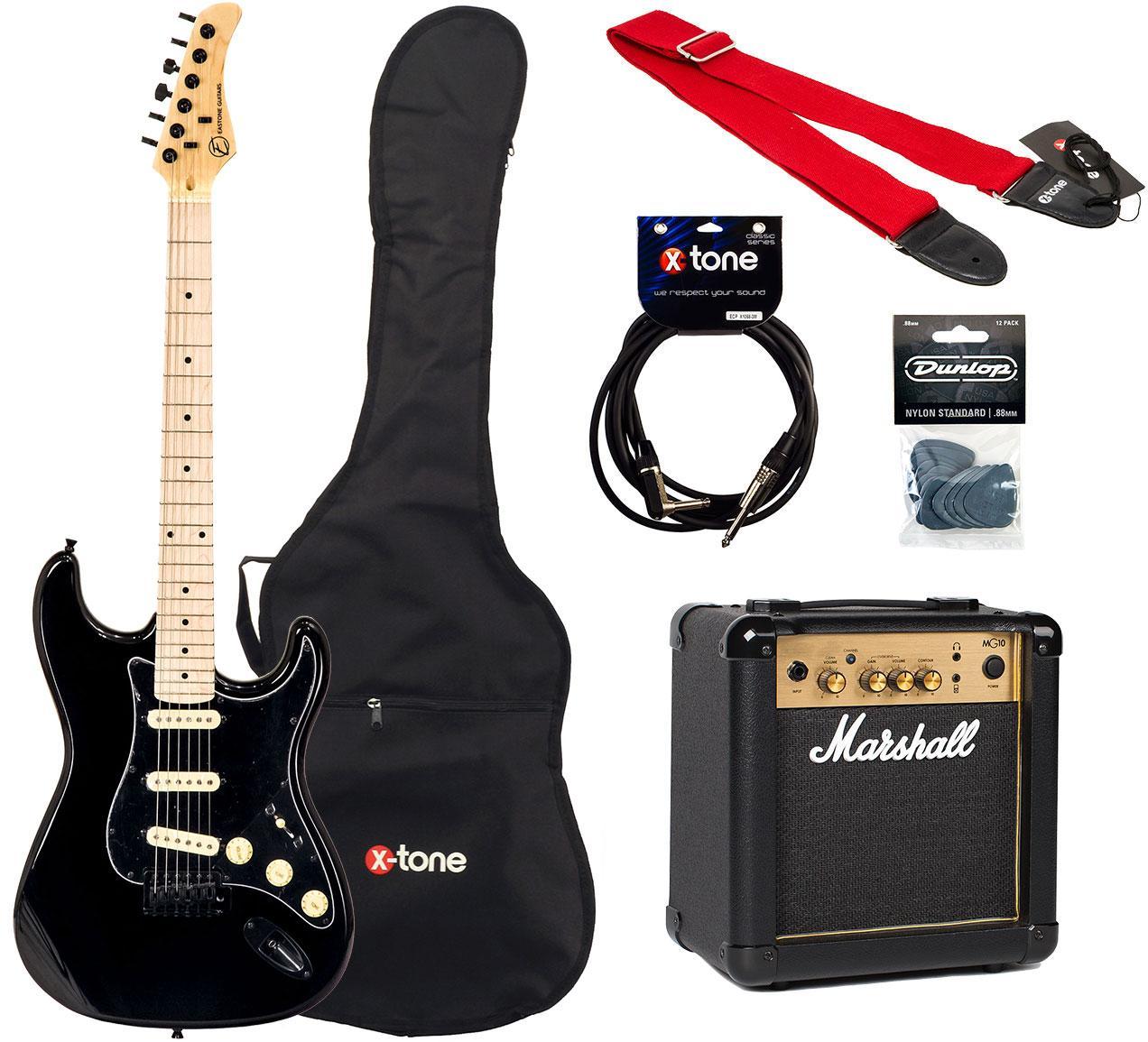 Electric guitar set Eastone STR70 GIL +MARSHALL MG10 +HOUSSE +COURROIE +CABLE +MEDIATORS - Black