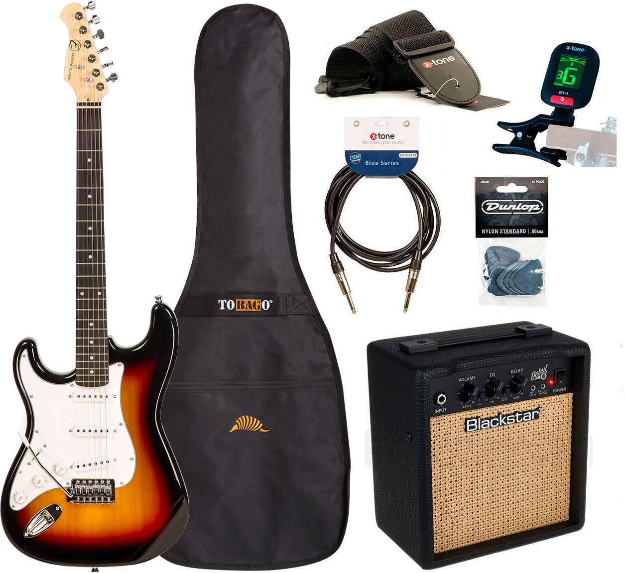 Eastone Str70 Lh Gaucher +blackstar Debut 10 +cable +clip-on Tuner +mediators +housse +courroie - 3 Tone Sunburst - Electric guitar set - Main picture