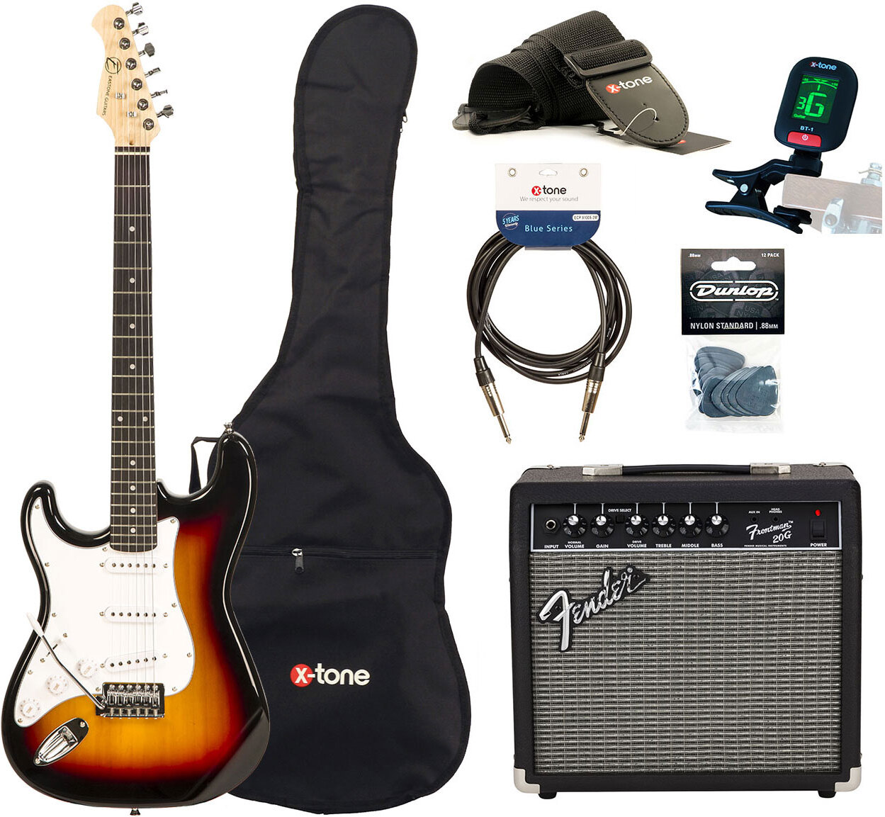 Eastone Str70 Lh Gaucher +fender Frontman 20g +cable +clip-on Tuner +mediators +housse +courroie - 3 Tone Sunburst - Electric guitar set - Main pictur