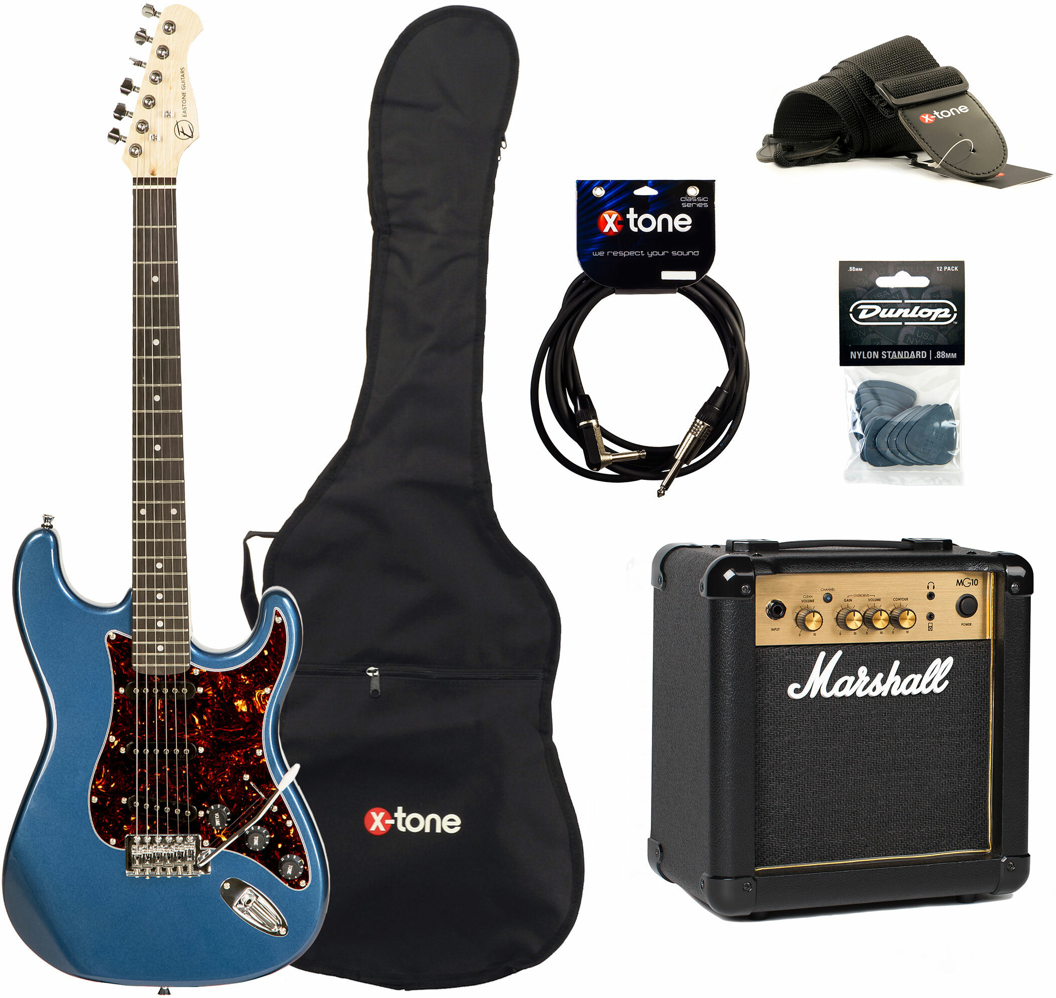 Eastone Str70t Lpb +marshall Mg10 10w +cable +mediators +housse - Lake Placid Blue - Electric guitar set - Main picture