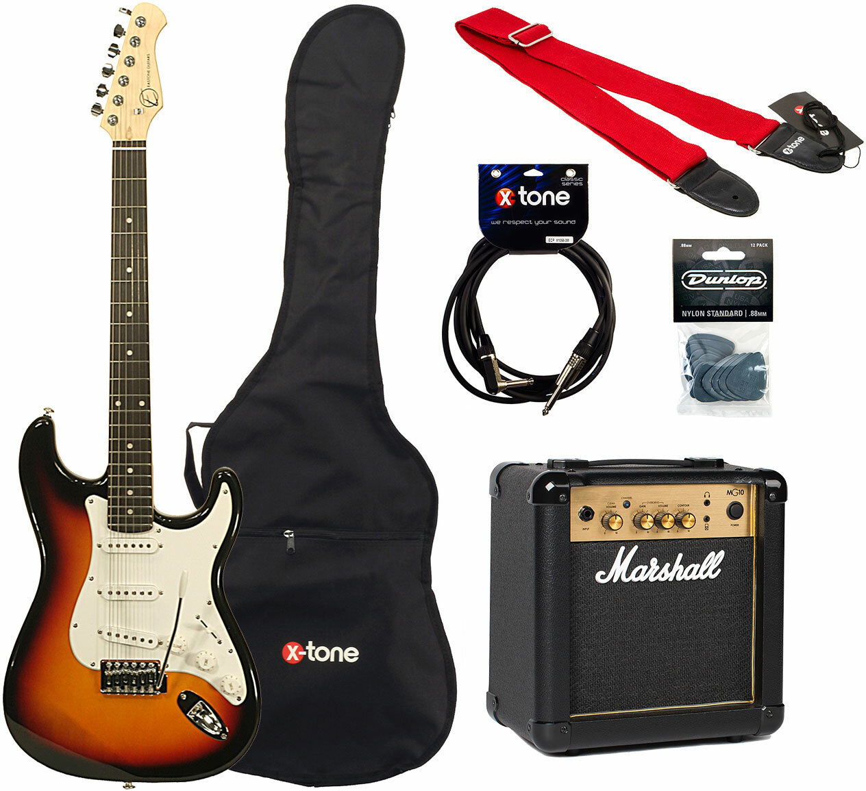 Eastone Str70t +marshall Mg10 10w +cable +mediators +housse - 3 Tone Sunburst - Electric guitar set - Main picture