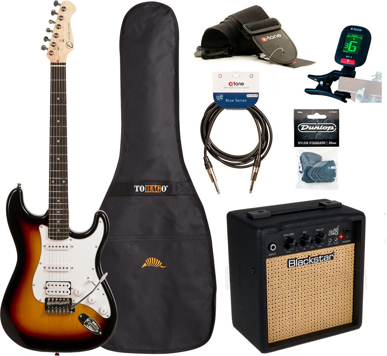 Eastone Str80t Hss +blackstar Debut 10 +cable +clip-on Tuner +mediators +housse +courroie - 3 Tone Sunburst - Electric guitar set - Main picture