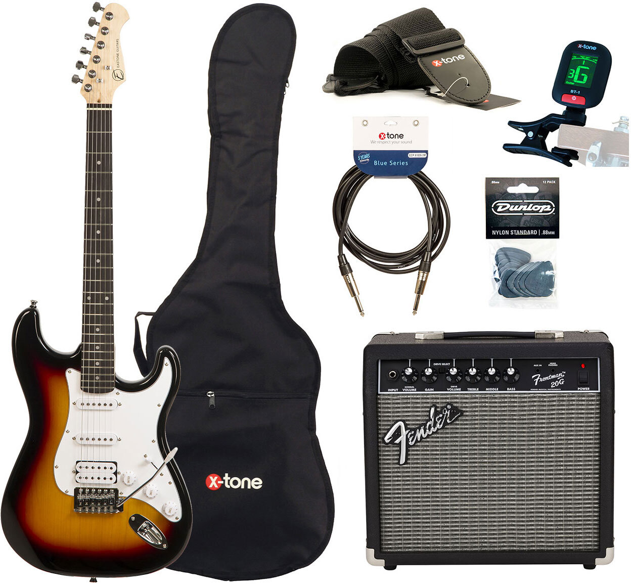 Eastone Str80t Hss +fender Frontman 20g +cable +clip-on Tuner +mediators +housse +courroie - 3 Tone Sunburst - Electric guitar set - Main picture