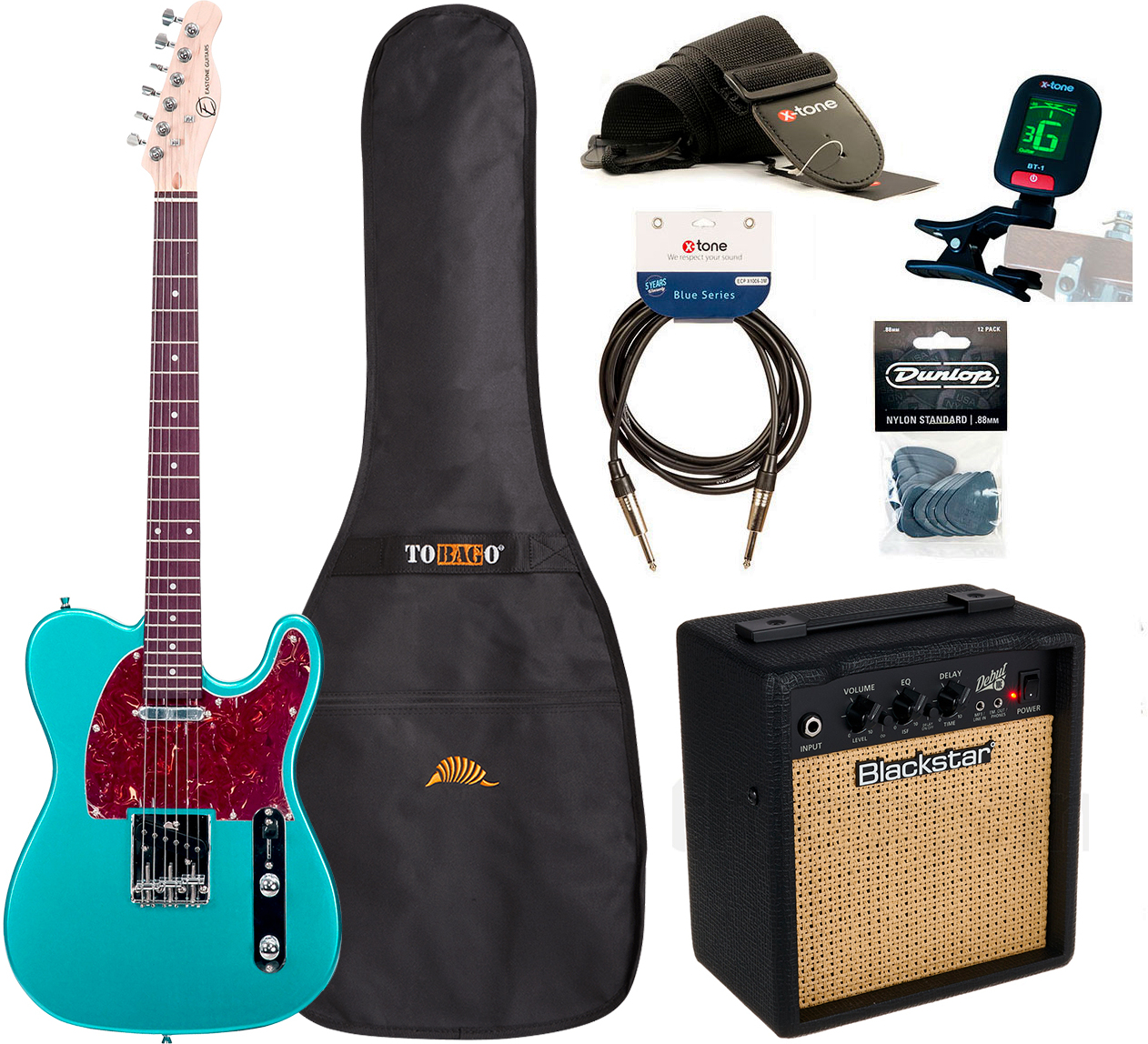 Eastone Tl70 +blackstar Debut 10 +cable +clip-on Tuner +mediators +housse +courroie - Metallic Light Blue - Electric guitar set - Main picture