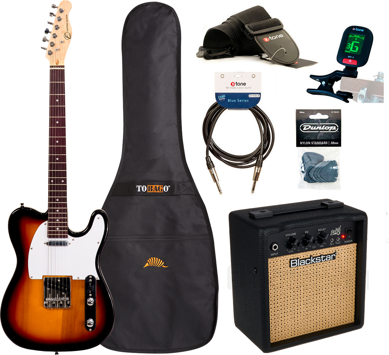 Eastone Tl70 +blackstar Debut 10 +cable +clip-on Tuner +mediators +housse +courroie - 3 Tone Sunburst - Electric guitar set - Main picture
