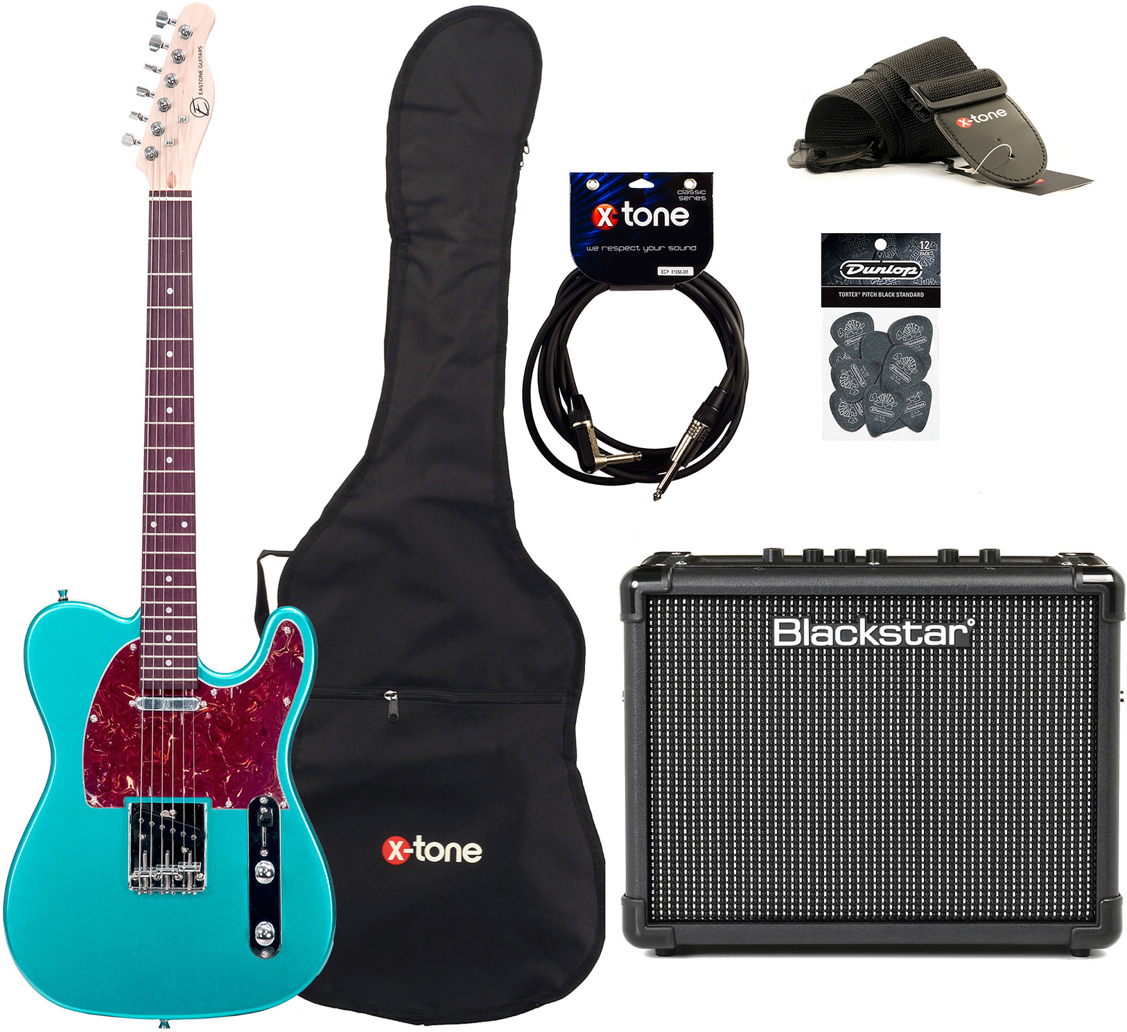Eastone Tl70 +blackstar Id Core Stereo 10 V3 +cable +housse +courroie +mediators - Metallic Light Blue - Electric guitar set - Main picture