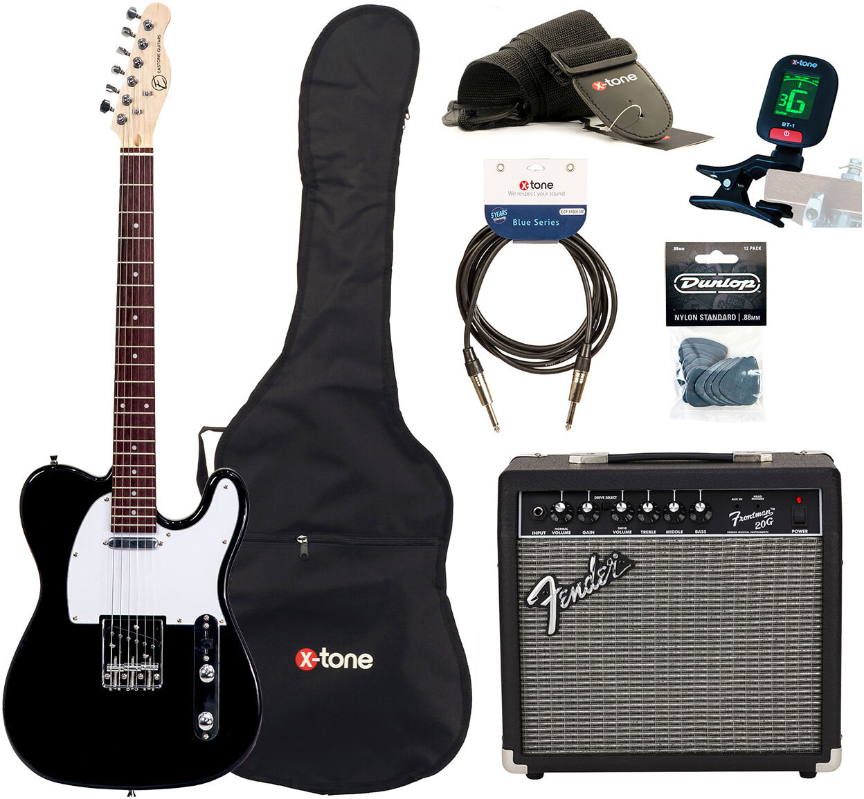 Eastone Tl70 +fender Frontman 20g +cable +clip-on Tuner +mediators +housse +courroie - Black - Electric guitar set - Main picture